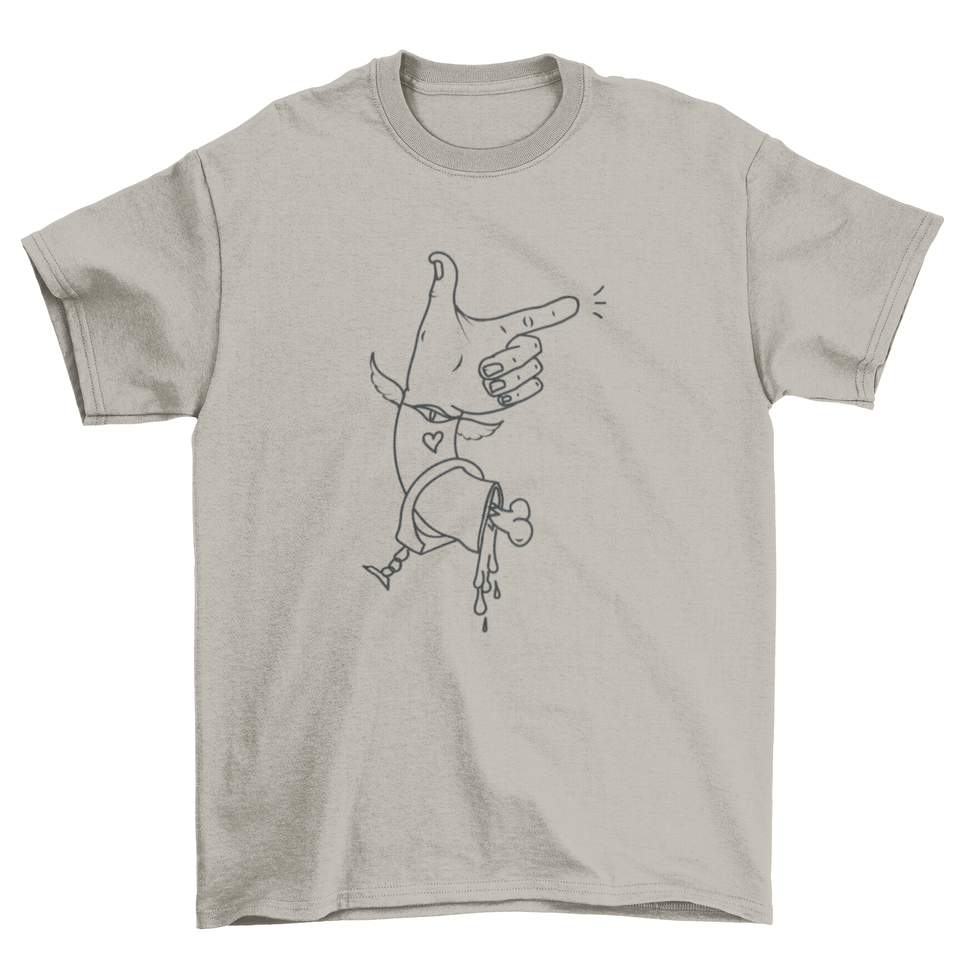 A stylish t-shirt featuring a severed hand making a finger gun gesture, showcasing a unique and edgy design.