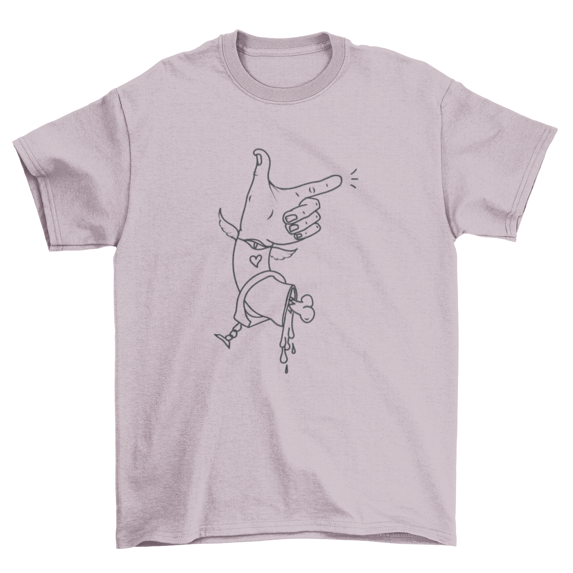 A stylish t-shirt featuring a severed hand making a finger gun gesture, showcasing a unique and edgy design.