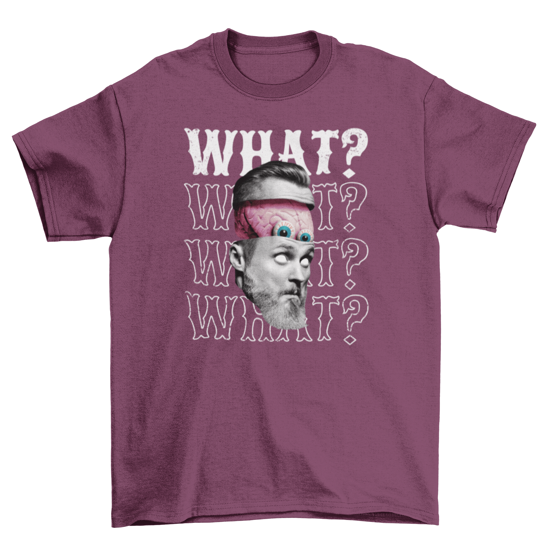 A creative t-shirt featuring a severed head with a protruding brain and the quote 'What?' repeated multiple times.