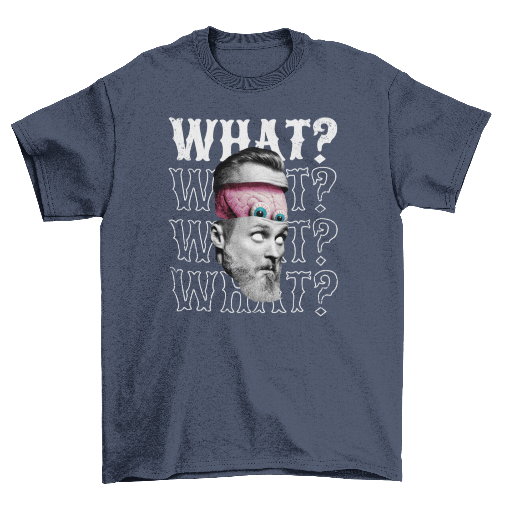 A creative t-shirt featuring a severed head with a protruding brain and the quote 'What?' repeated multiple times.