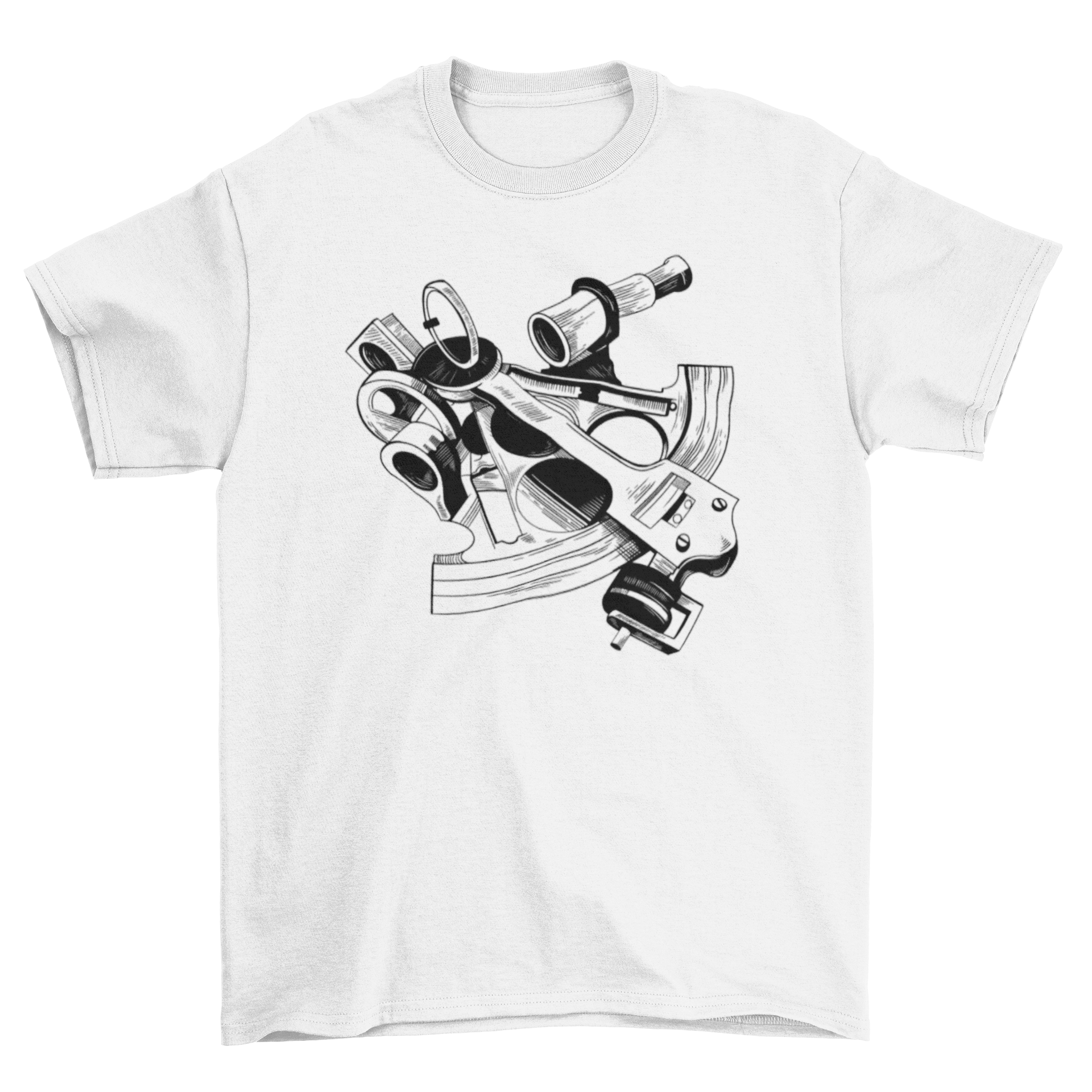 A stylish black and white t-shirt featuring a detailed illustration of a sextant, perfect for nautical enthusiasts.