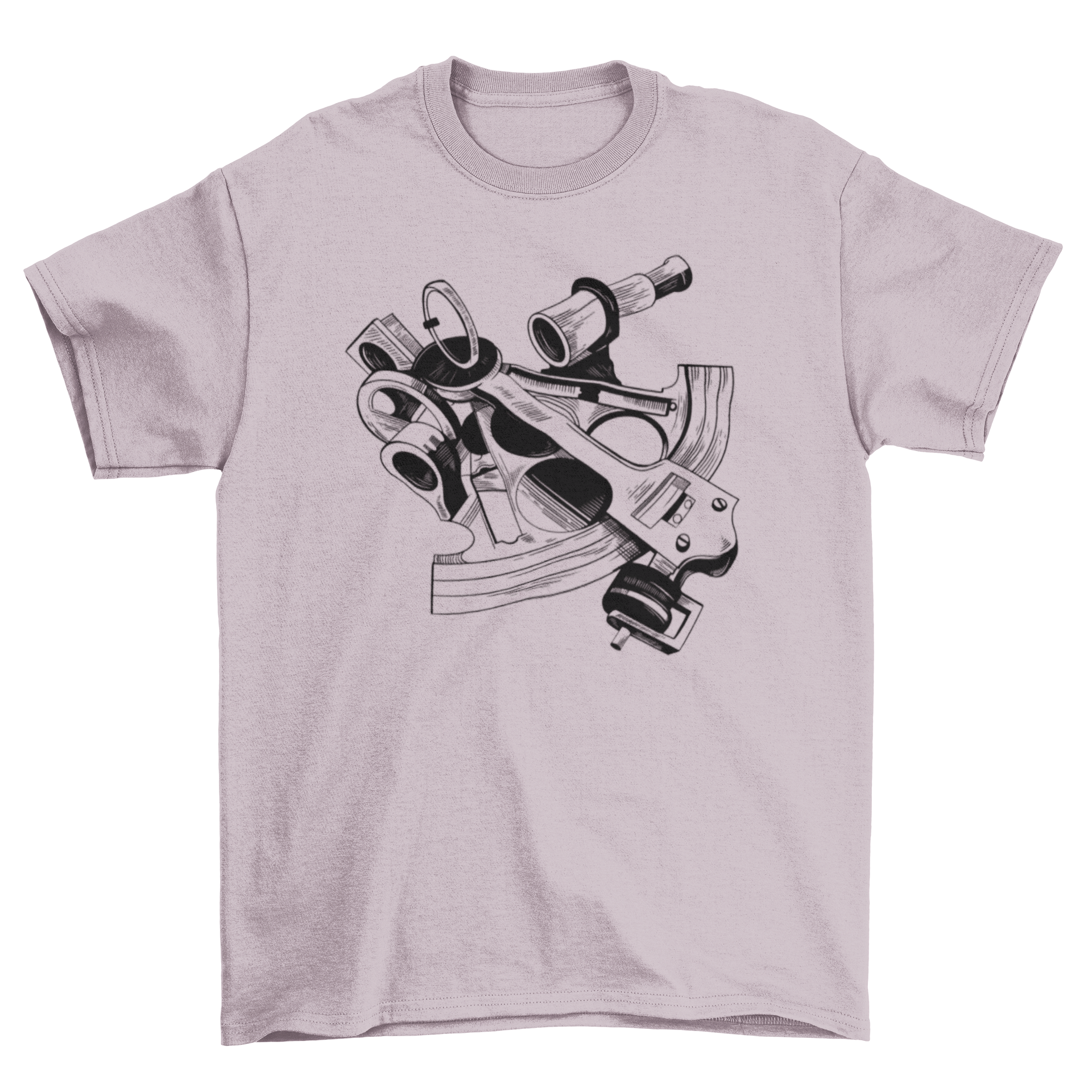 A stylish black and white t-shirt featuring a detailed illustration of a sextant, perfect for nautical enthusiasts.