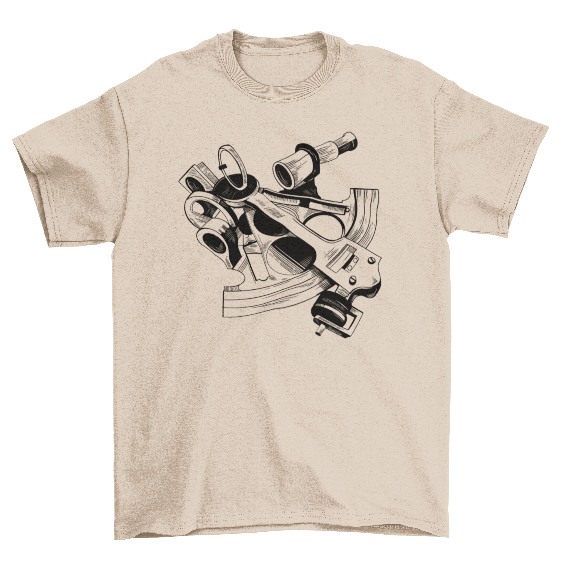 A stylish black and white t-shirt featuring a detailed illustration of a sextant, perfect for nautical enthusiasts.