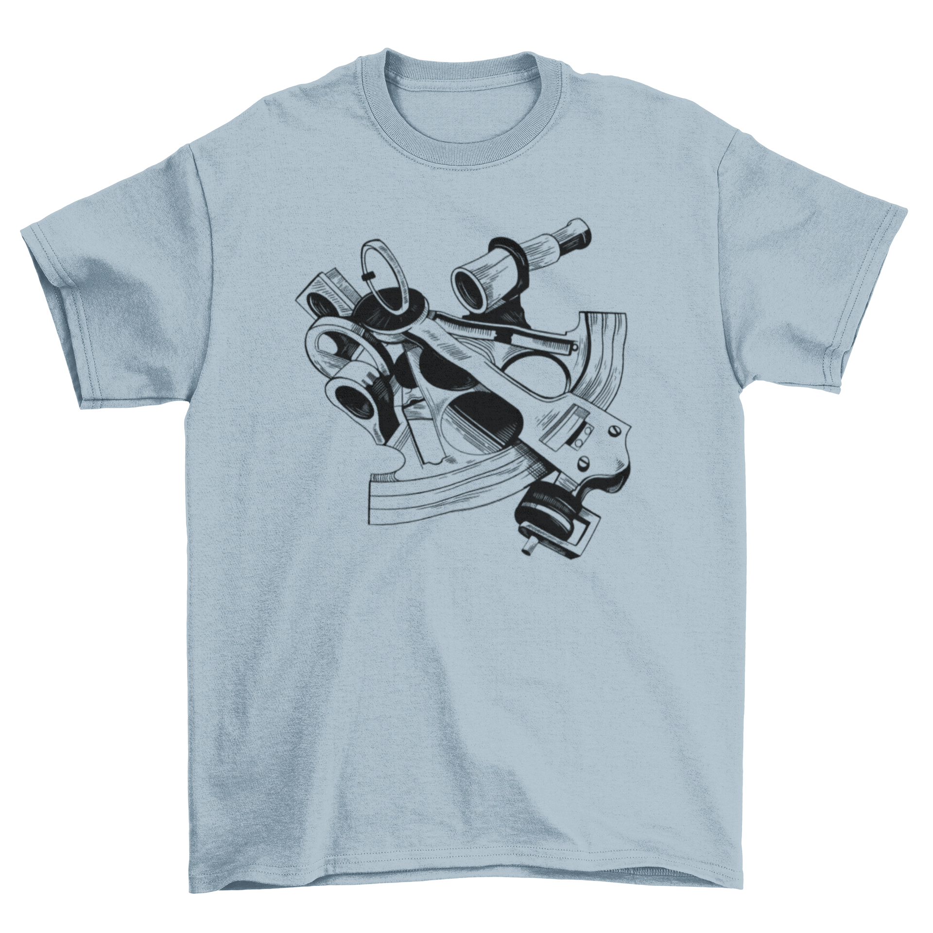 A stylish black and white t-shirt featuring a detailed illustration of a sextant, perfect for nautical enthusiasts.