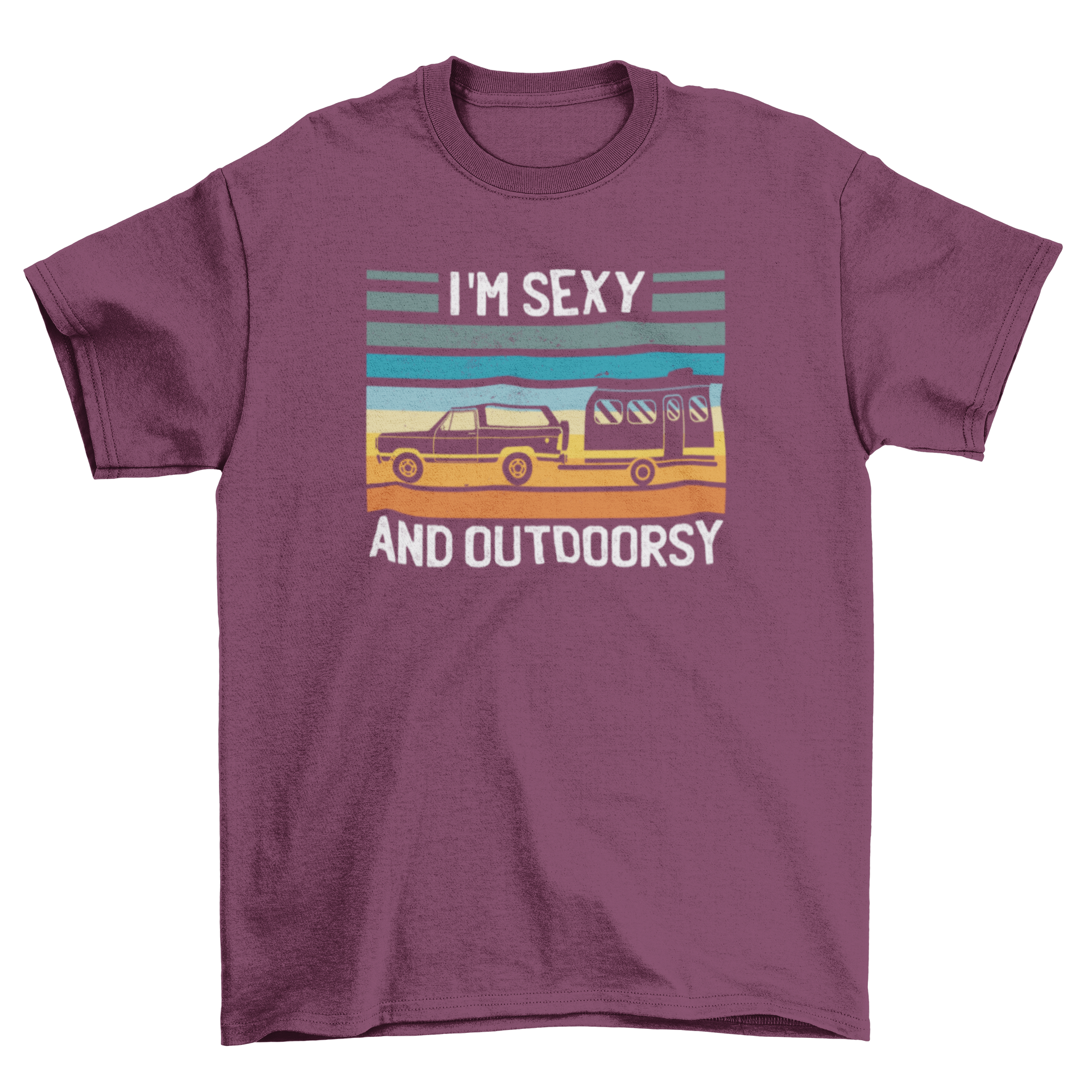 A stylish t-shirt featuring a retro design of a car towing a caravan with the quote 'I'm sexy and outdoorsy'.