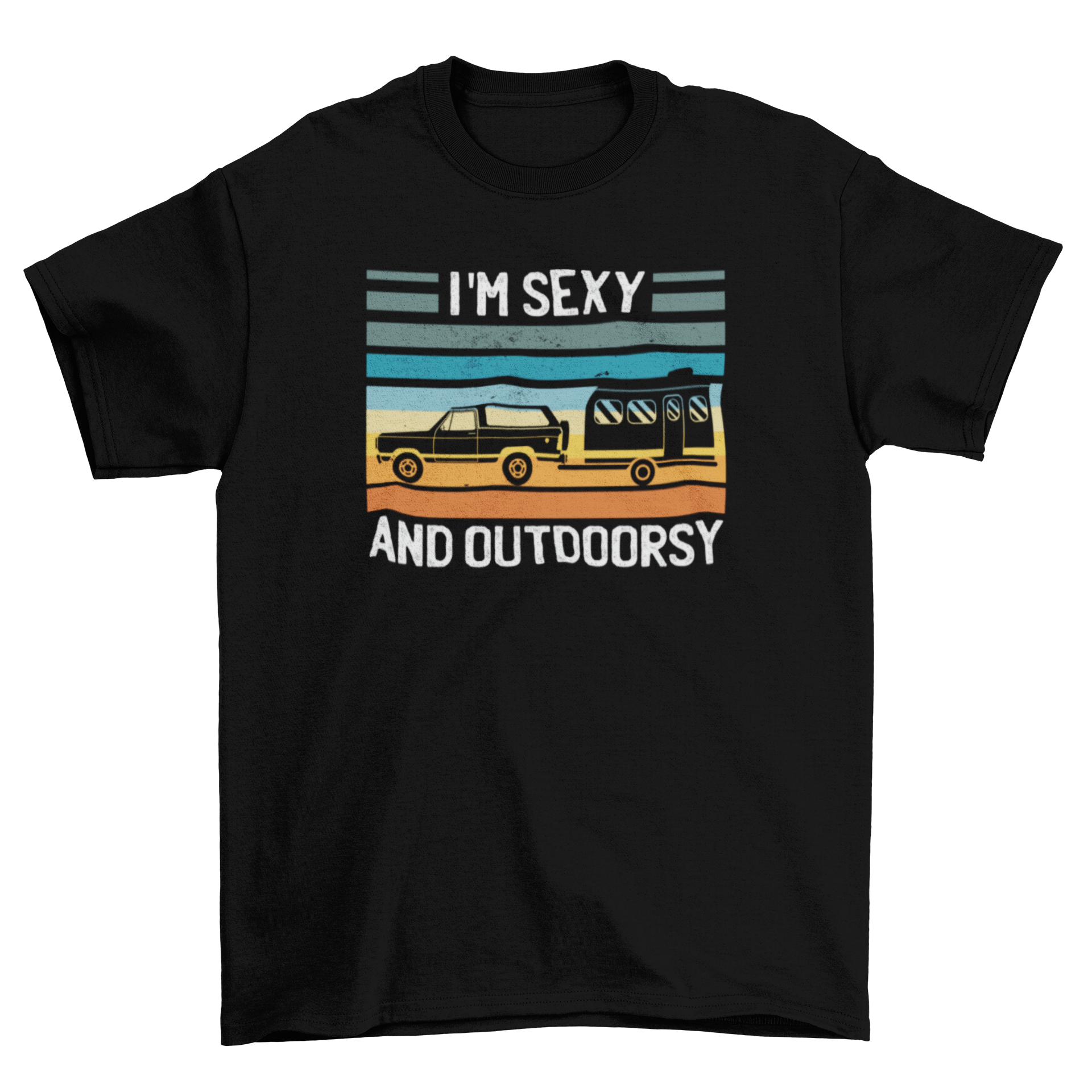 A stylish t-shirt featuring a retro design of a car towing a caravan with the quote 'I'm sexy and outdoorsy'.