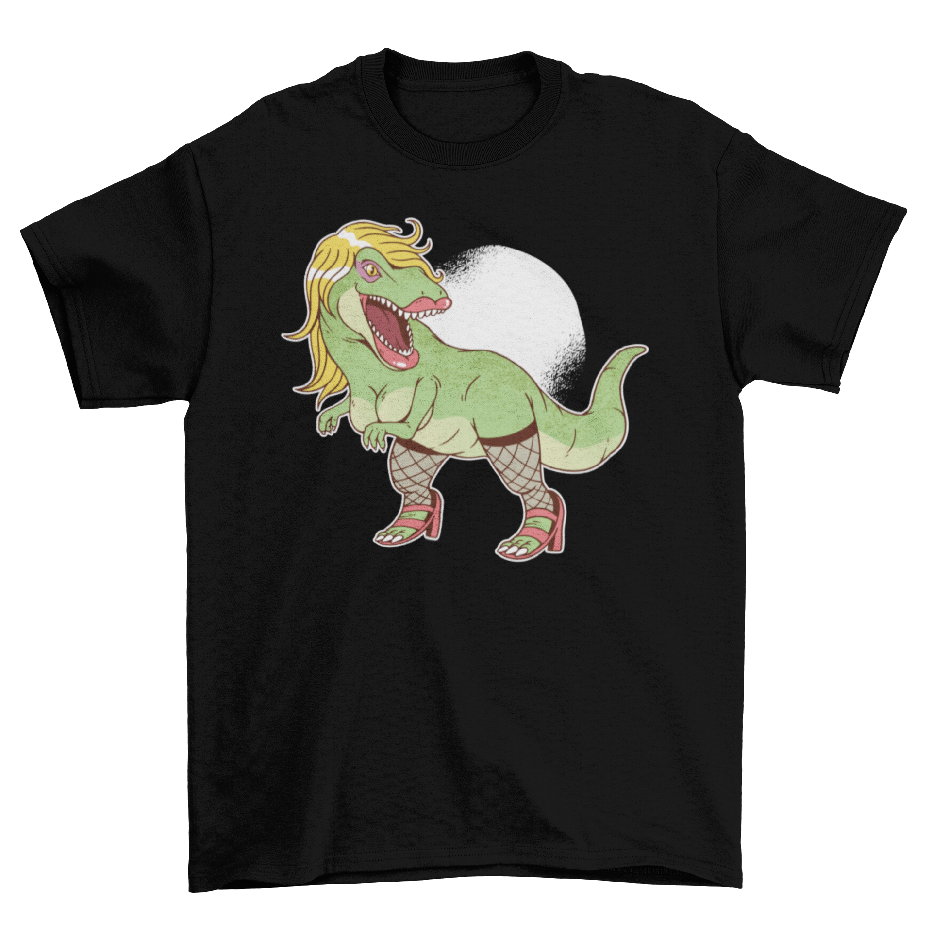 A stylish T-shirt featuring a T-rex dinosaur wearing lipstick, eyeshadow, heels, a wig, and stockings, showcasing a fun and quirky design.