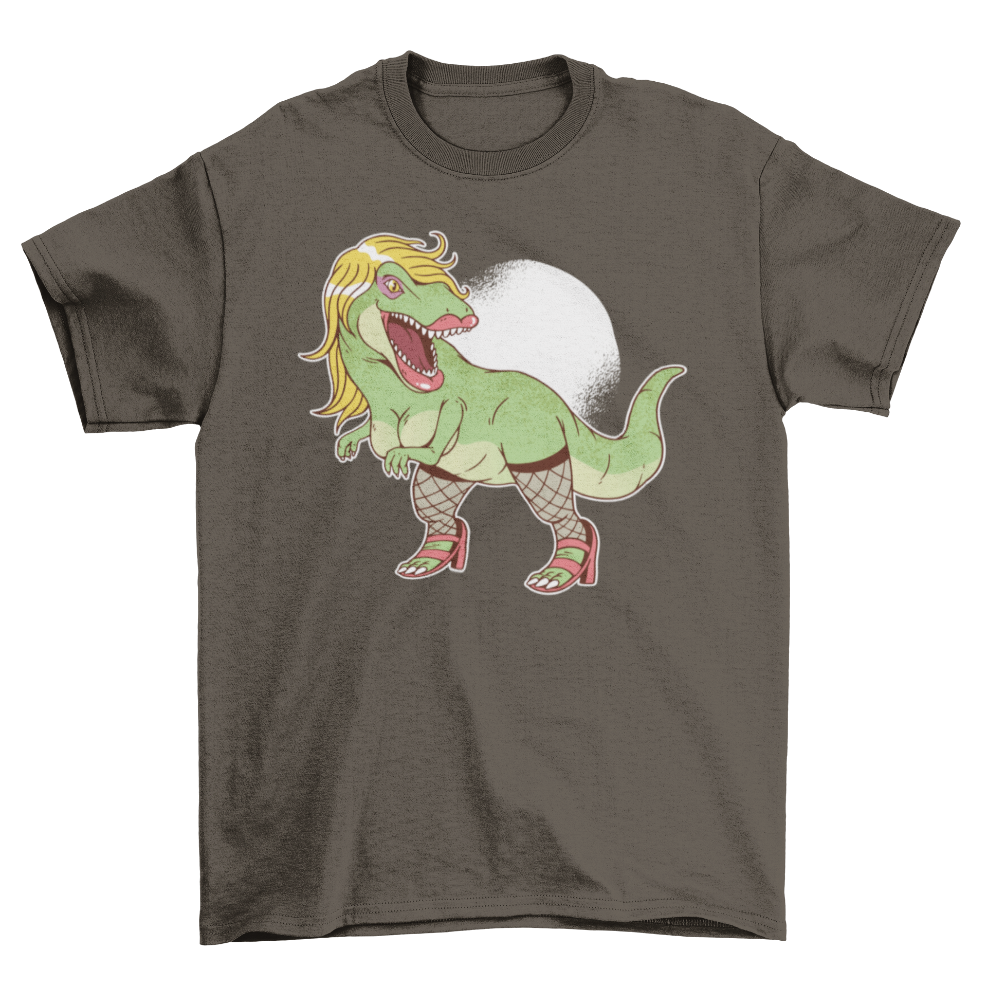 A stylish T-shirt featuring a T-rex dinosaur wearing lipstick, eyeshadow, heels, a wig, and stockings, showcasing a fun and quirky design.