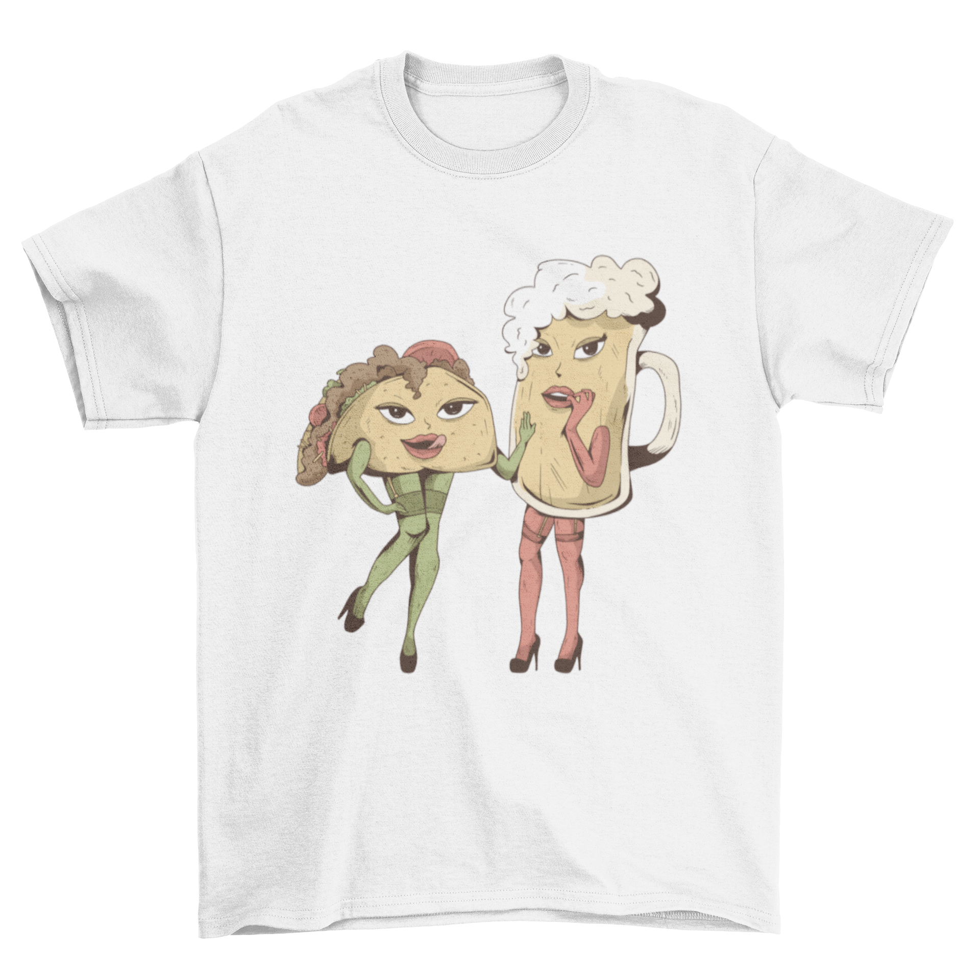 A playful t-shirt featuring a sexy taco and a beer mug design, perfect for food lovers.