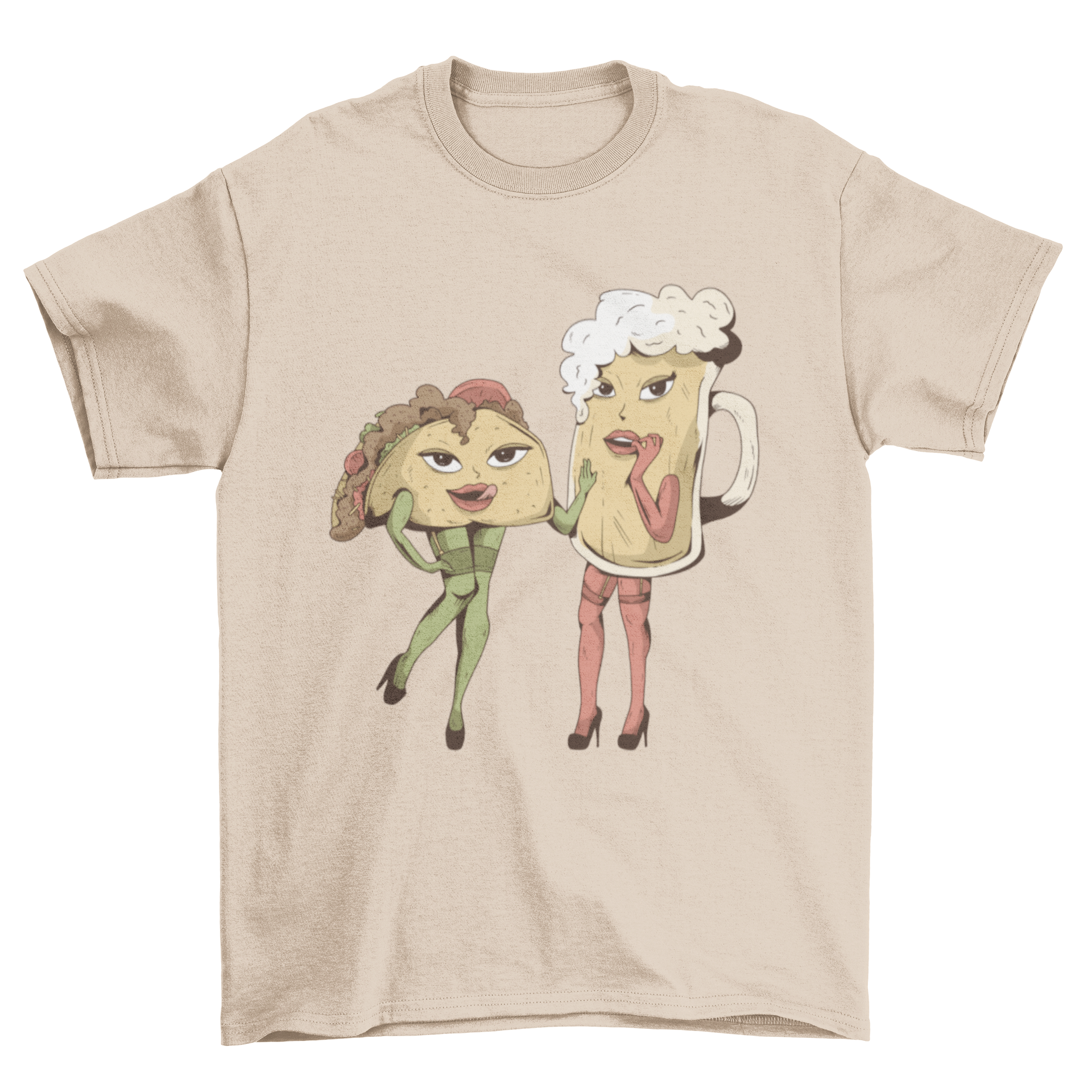 A playful t-shirt featuring a sexy taco and a beer mug design, perfect for food lovers.