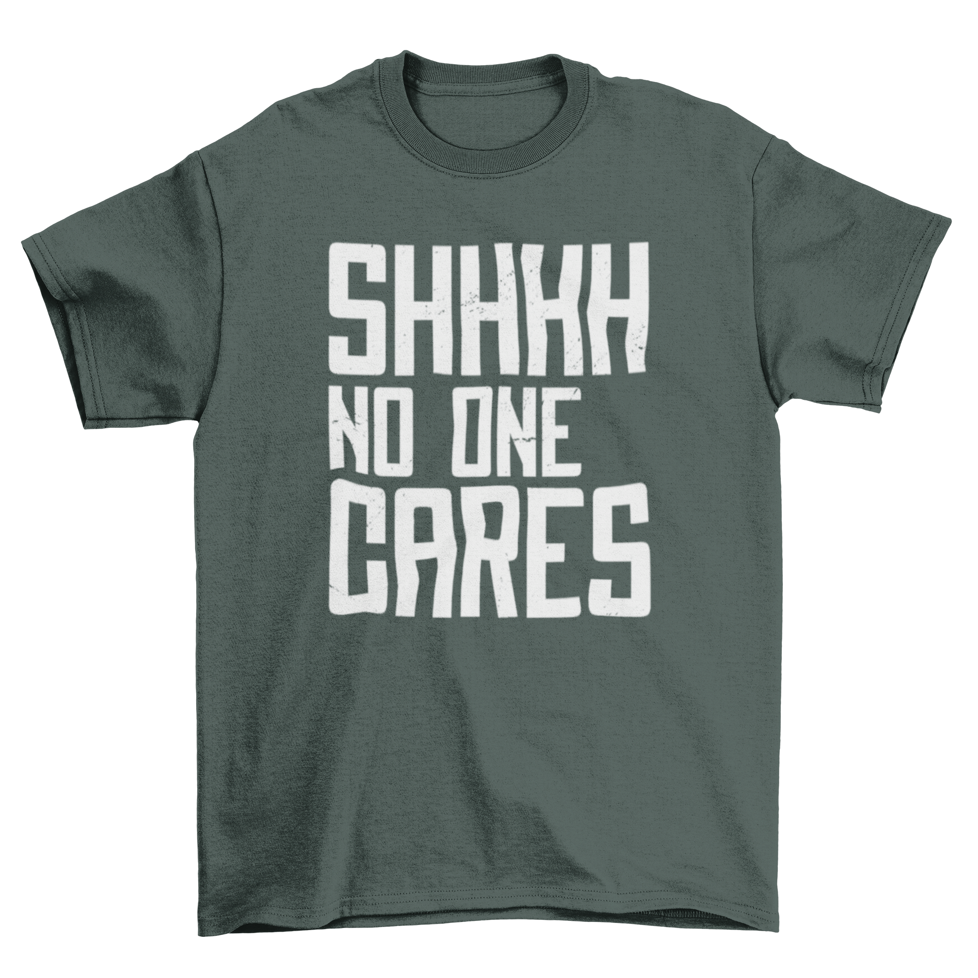 A humorous t-shirt featuring the phrase 'Shhhh no one cares' in bold typography on a minimal textured background.