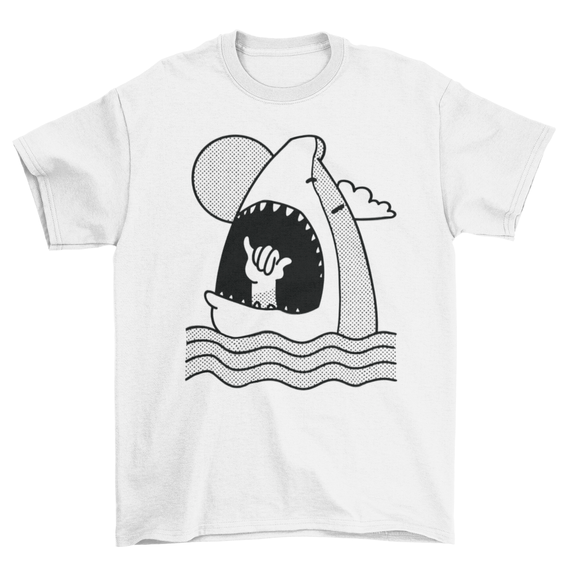 Shaka Shark t-shirt design featuring a shark eating a hand making the shaka sign, vibrant colors and unique illustration.