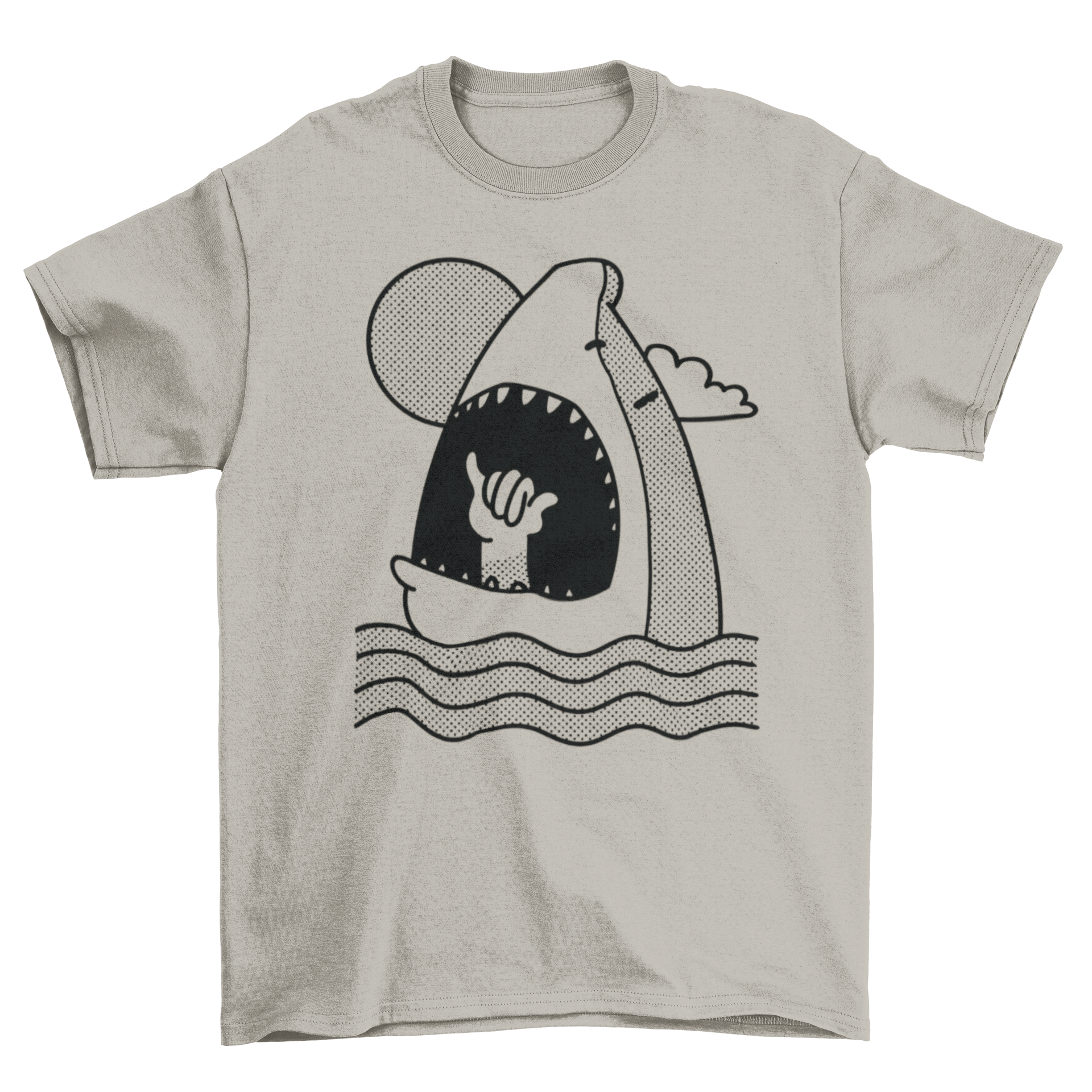 Shaka Shark t-shirt design featuring a shark eating a hand making the shaka sign, vibrant colors and unique illustration.