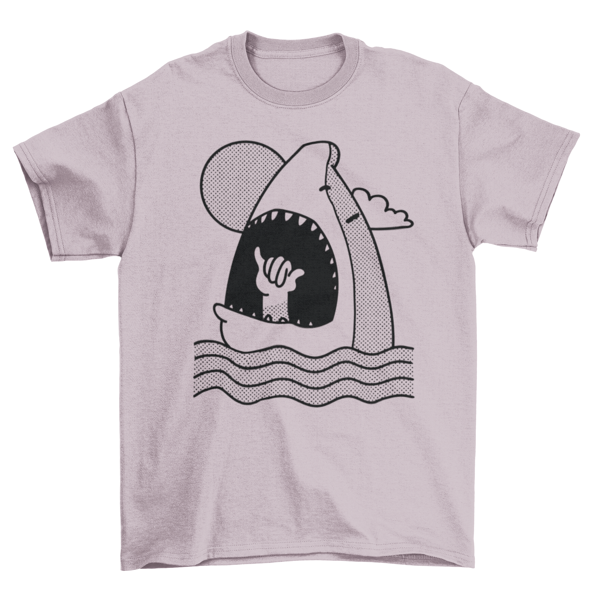 Shaka Shark t-shirt design featuring a shark eating a hand making the shaka sign, vibrant colors and unique illustration.