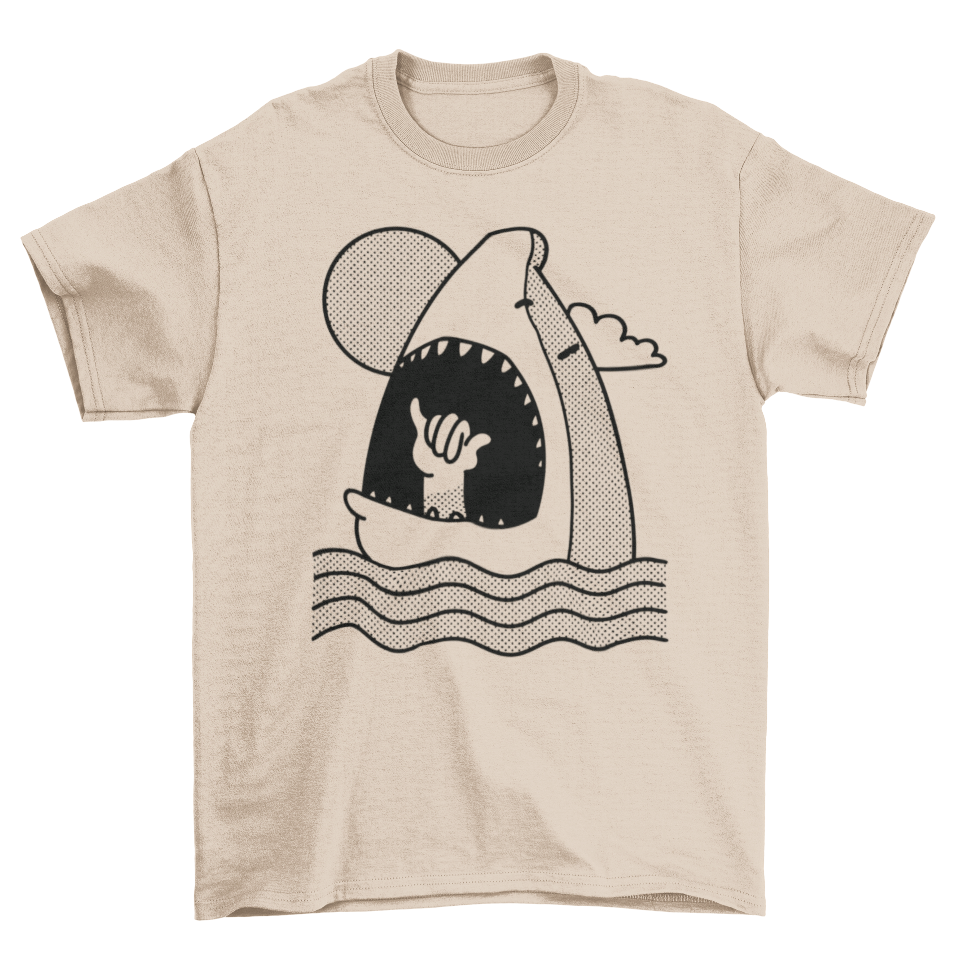 Shaka Shark t-shirt design featuring a shark eating a hand making the shaka sign, vibrant colors and unique illustration.