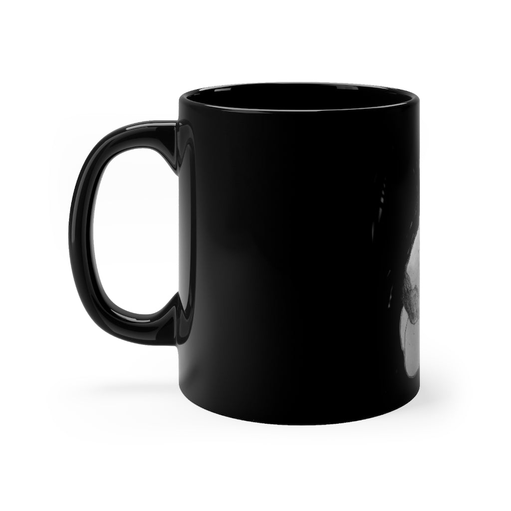 Shamrock Black mug 11oz with full-wrap decoration and C-handle, showcasing its sleek black ceramic design.