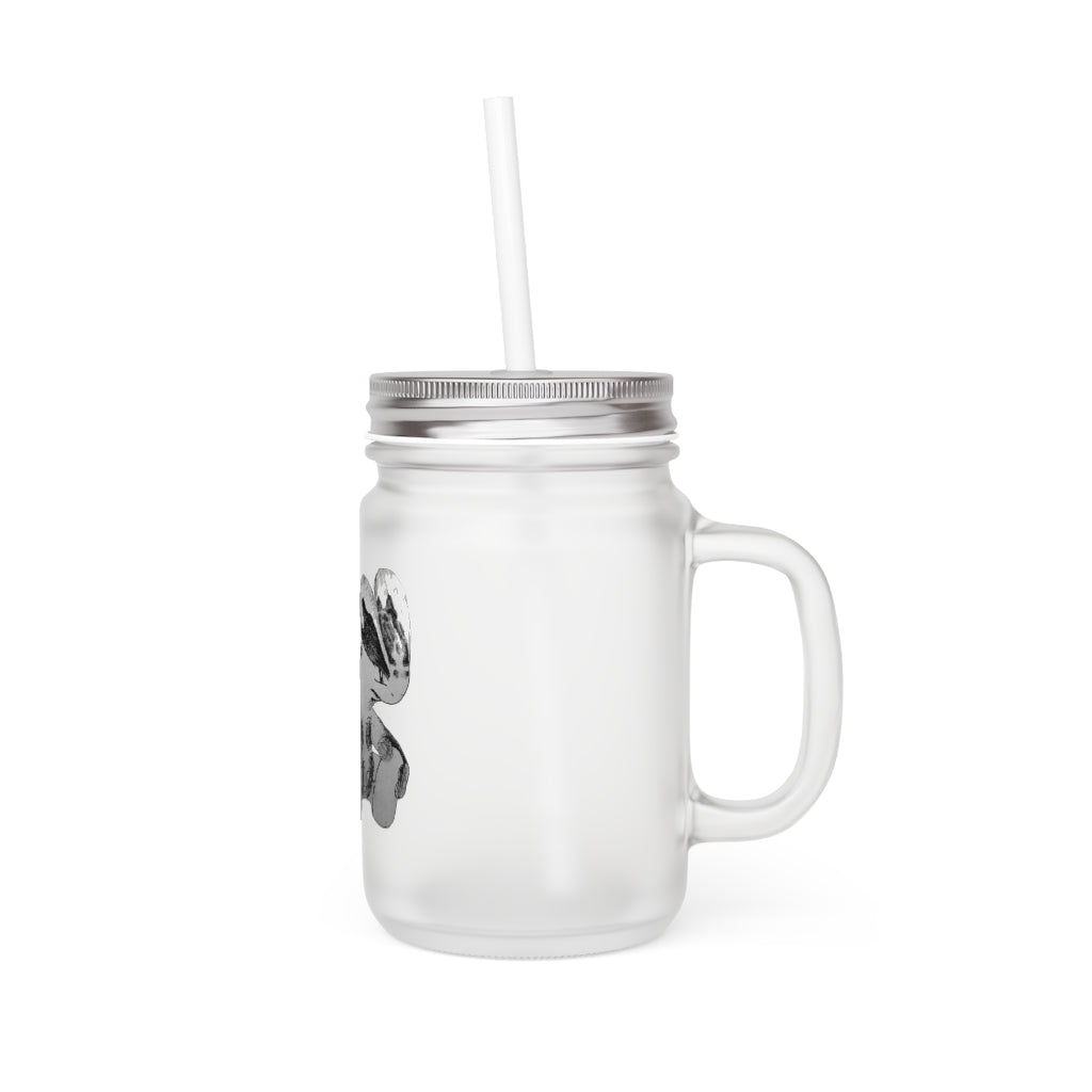 A personalized Shamrock Mason Jar made of frosted glass, featuring a straw and lid, ideal for drinks.