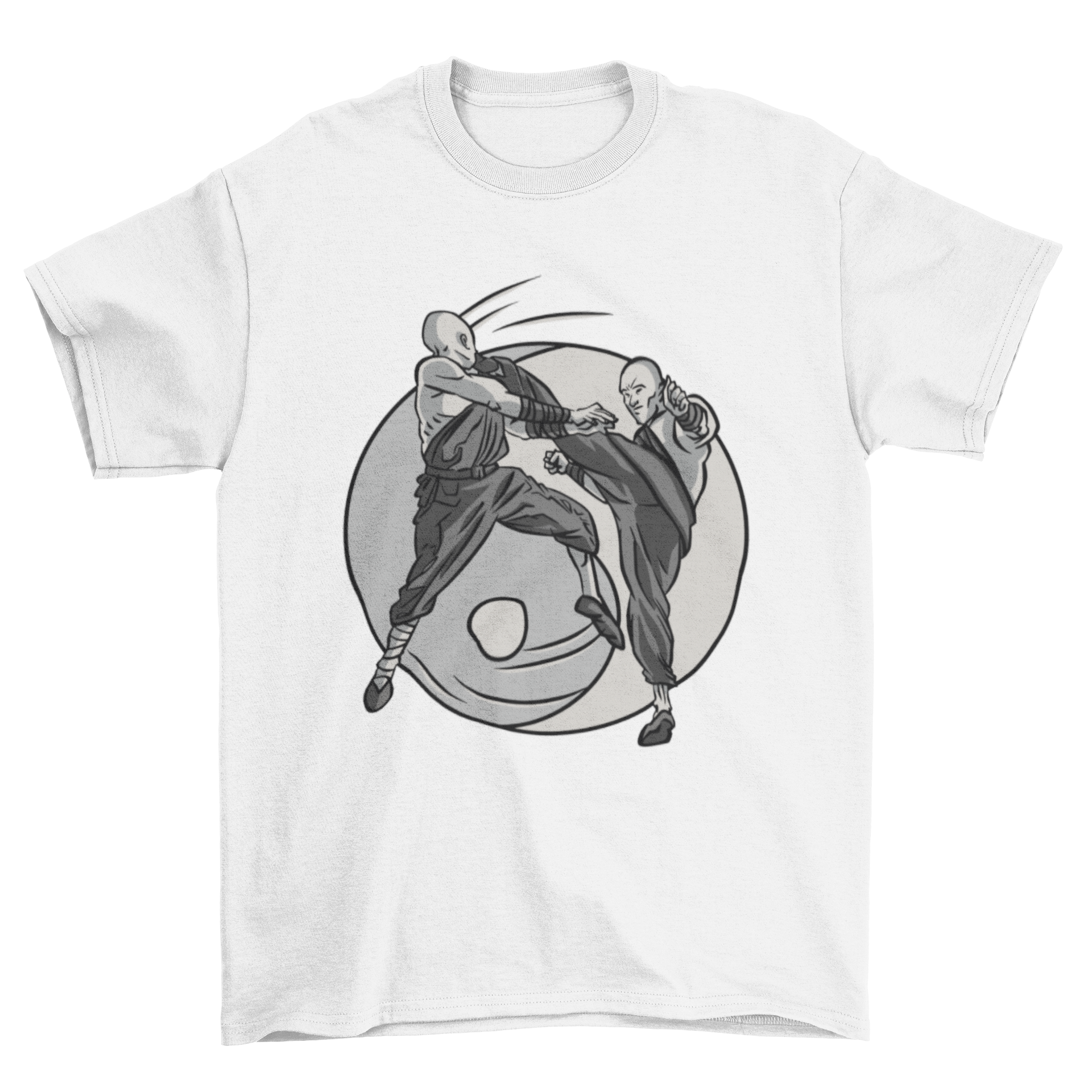 A stylish t-shirt featuring two Shaolin monks training in a fight, showcasing martial arts culture.