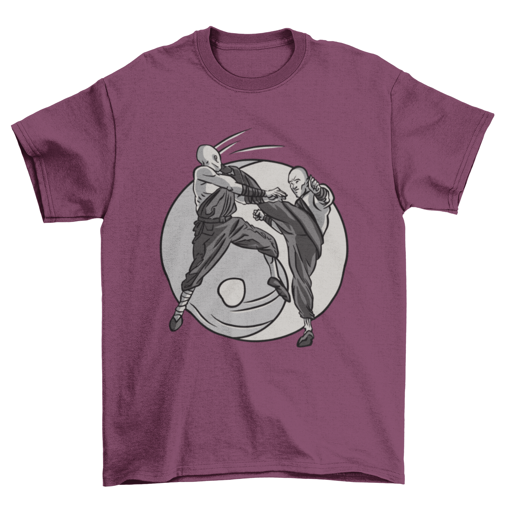 A stylish t-shirt featuring two Shaolin monks training in a fight, showcasing martial arts culture.