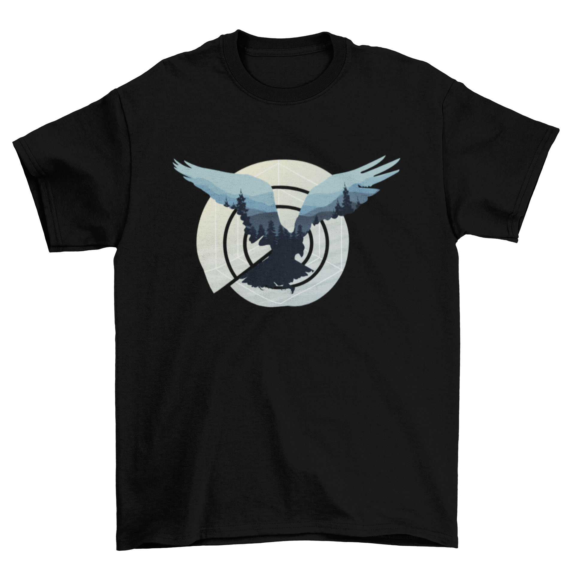 A stylish t-shirt featuring an abstract design of shapes and a bird flying away, symbolizing freedom and nature.