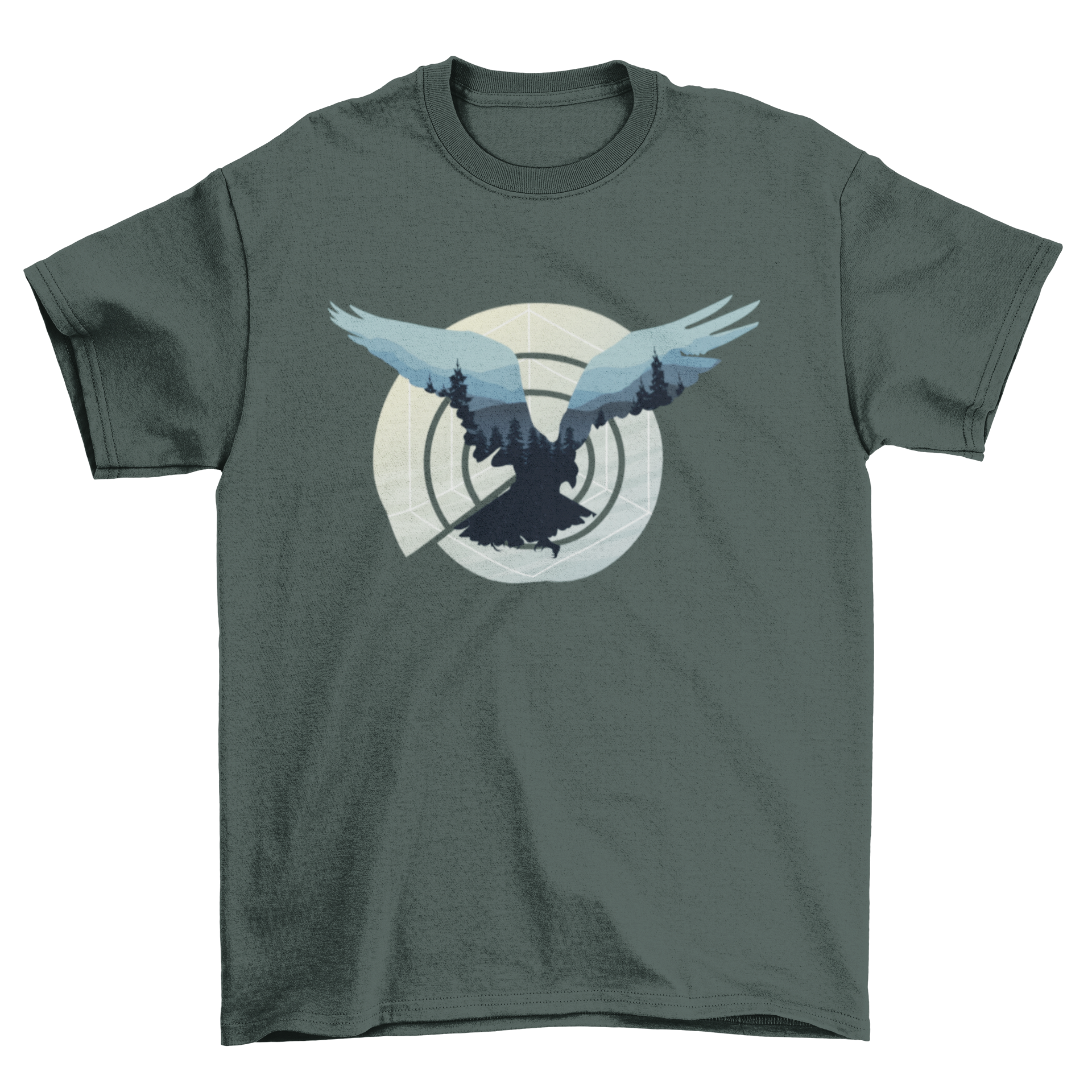 A stylish t-shirt featuring an abstract design of shapes and a bird flying away, symbolizing freedom and nature.