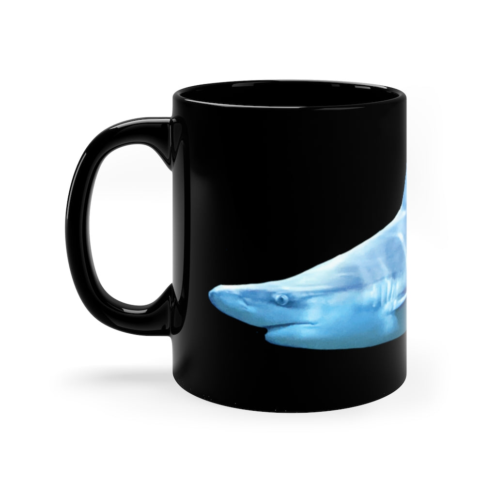 Shark 11oz Black Mug with a sleek design, perfect for coffee, tea, or hot chocolate, featuring a comfortable C-handle.