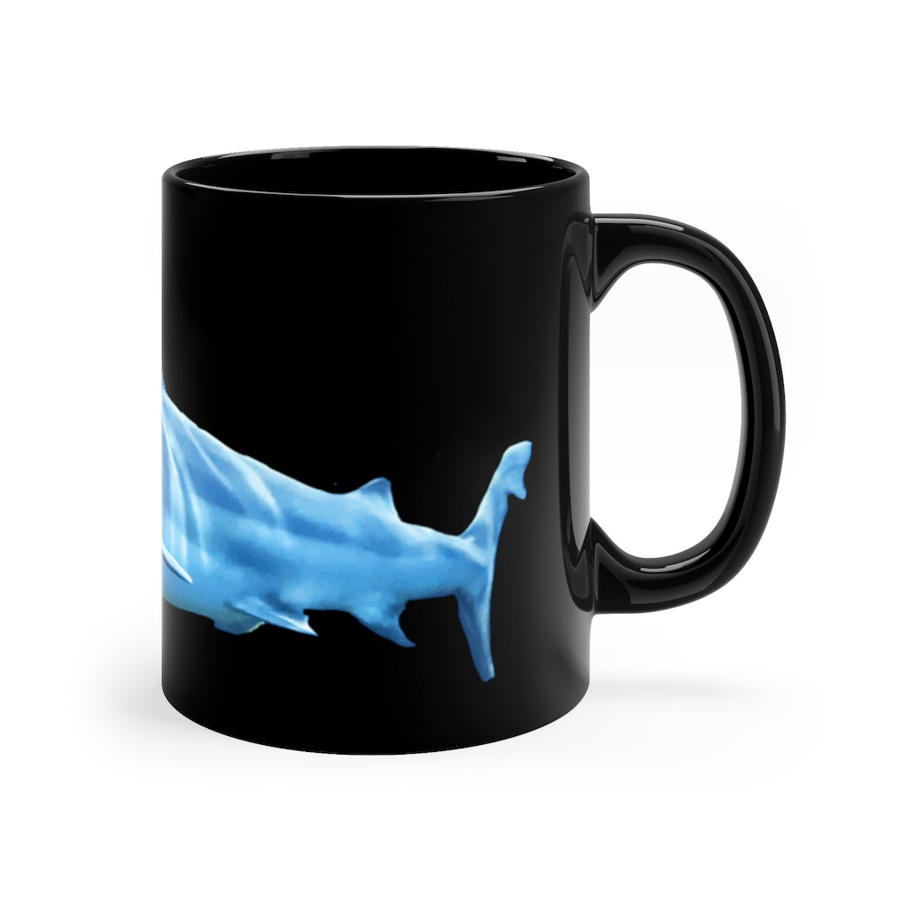 Shark 11oz Black Mug with a sleek design, perfect for coffee, tea, or hot chocolate, featuring a comfortable C-handle.