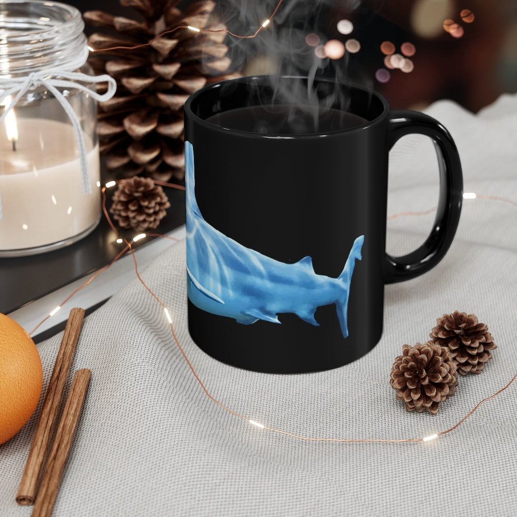 Shark 11oz Black Mug with a sleek design, perfect for coffee, tea, or hot chocolate, featuring a comfortable C-handle.