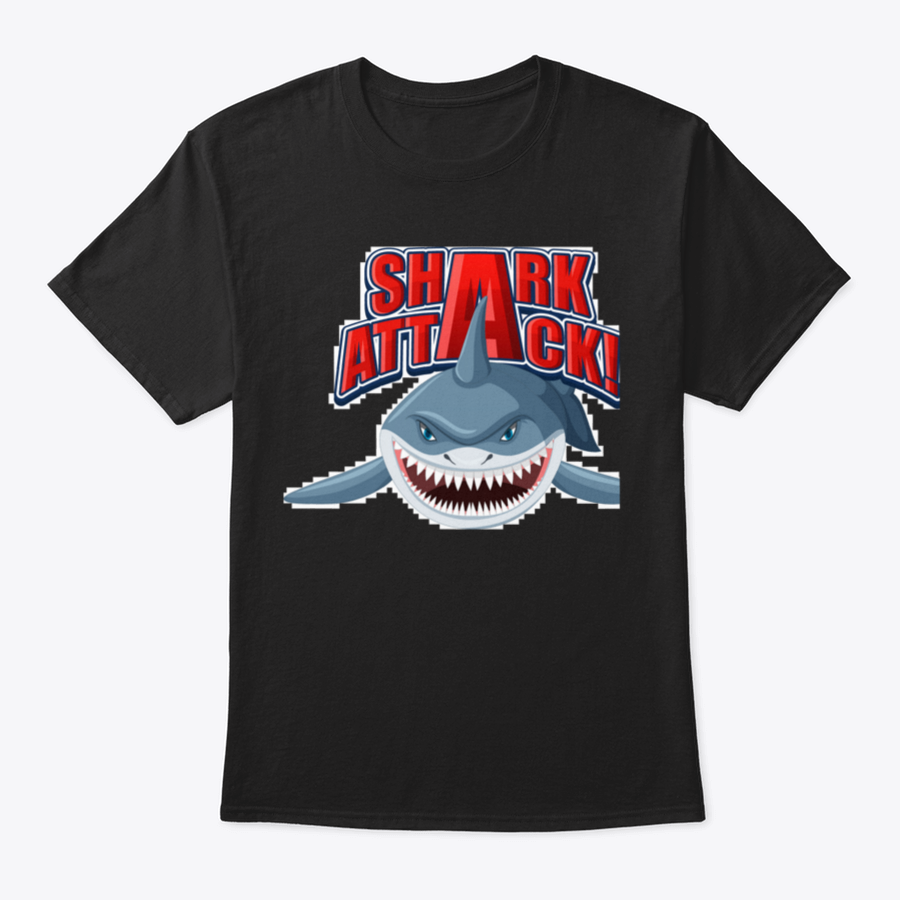 Shark Attack Font Logo featuring a cartoon aggressive shark illustration on a cotton shirt, showcasing vibrant colors and a unique design.