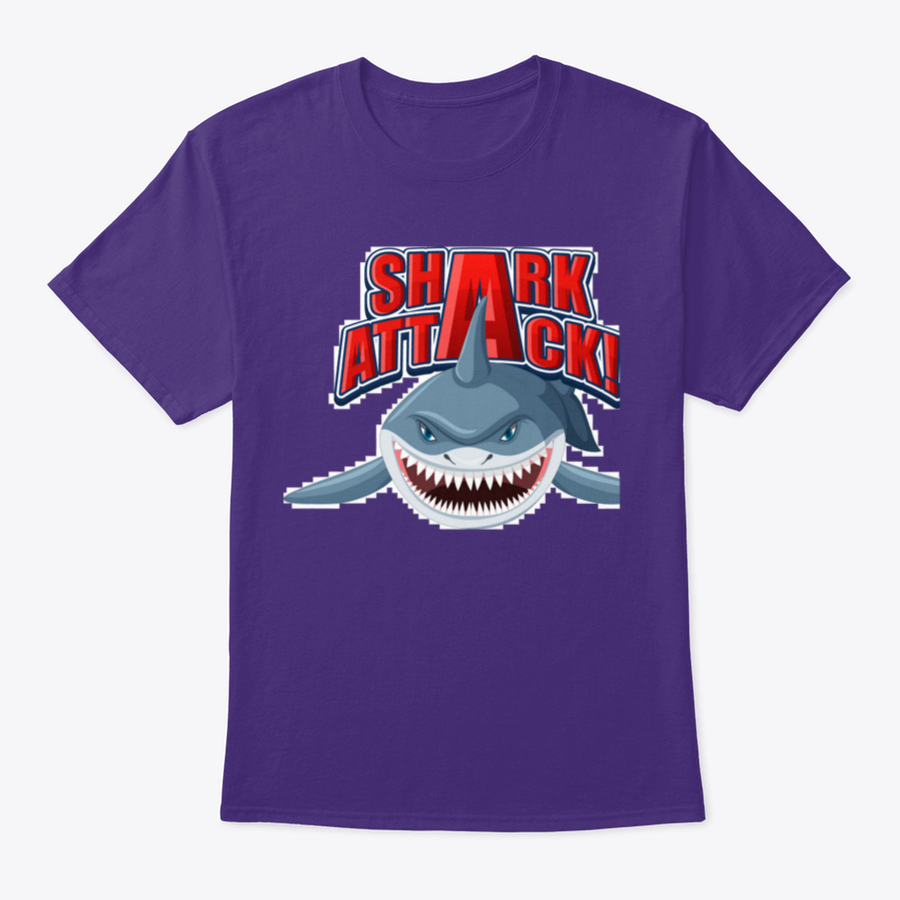 Shark Attack Font Logo featuring a cartoon aggressive shark illustration on a cotton shirt, showcasing vibrant colors and a unique design.