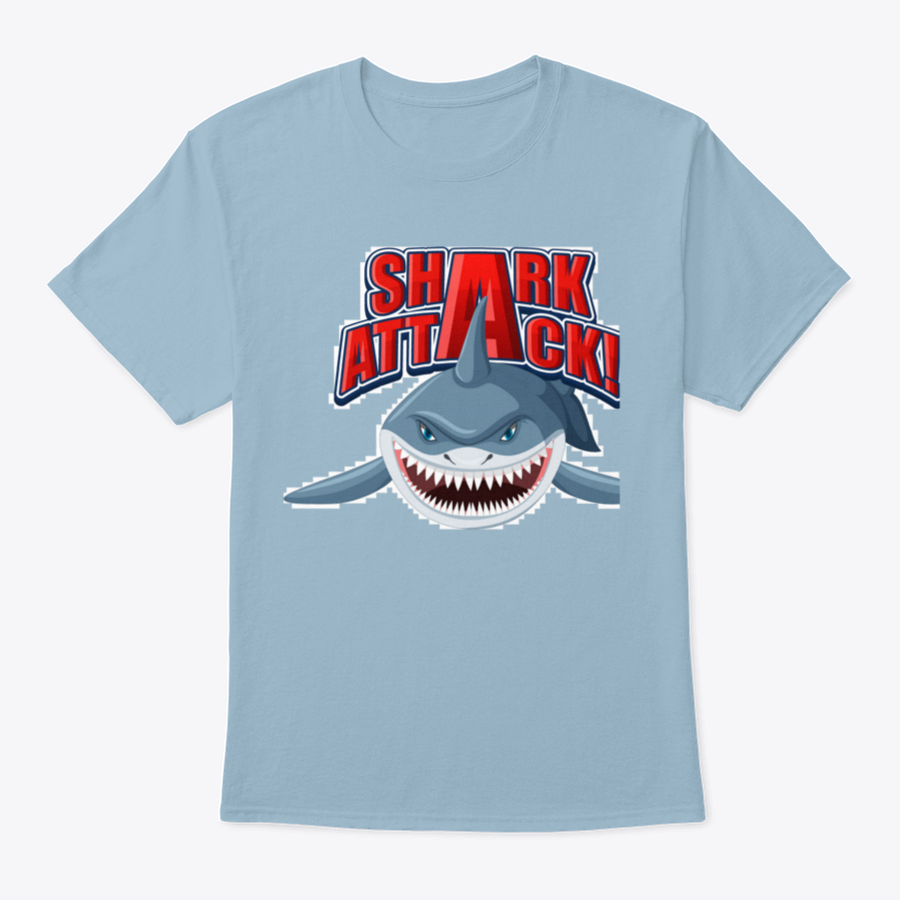 Shark Attack Font Logo featuring a cartoon aggressive shark illustration on a cotton shirt, showcasing vibrant colors and a unique design.