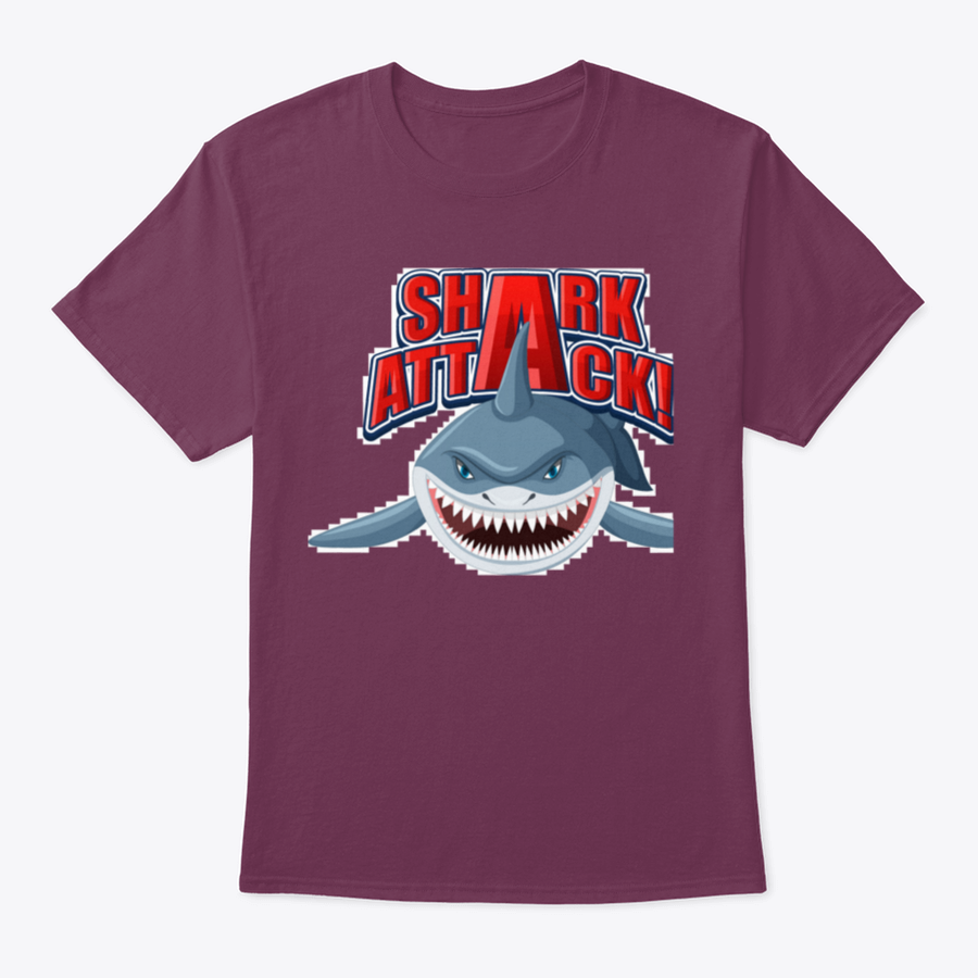 Shark Attack Font Logo featuring a cartoon aggressive shark illustration on a cotton shirt, showcasing vibrant colors and a unique design.