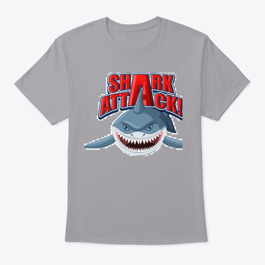 Shark Attack Font Logo featuring a cartoon aggressive shark illustration on a cotton shirt, showcasing vibrant colors and a unique design.