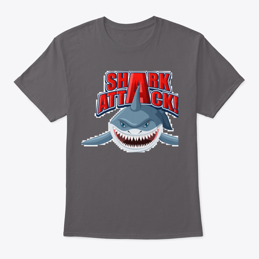 Shark Attack Font Logo featuring a cartoon aggressive shark illustration on a cotton shirt, showcasing vibrant colors and a unique design.