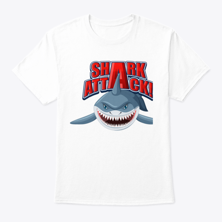 Shark Attack Font Logo featuring a cartoon aggressive shark illustration on a cotton shirt, showcasing vibrant colors and a unique design.