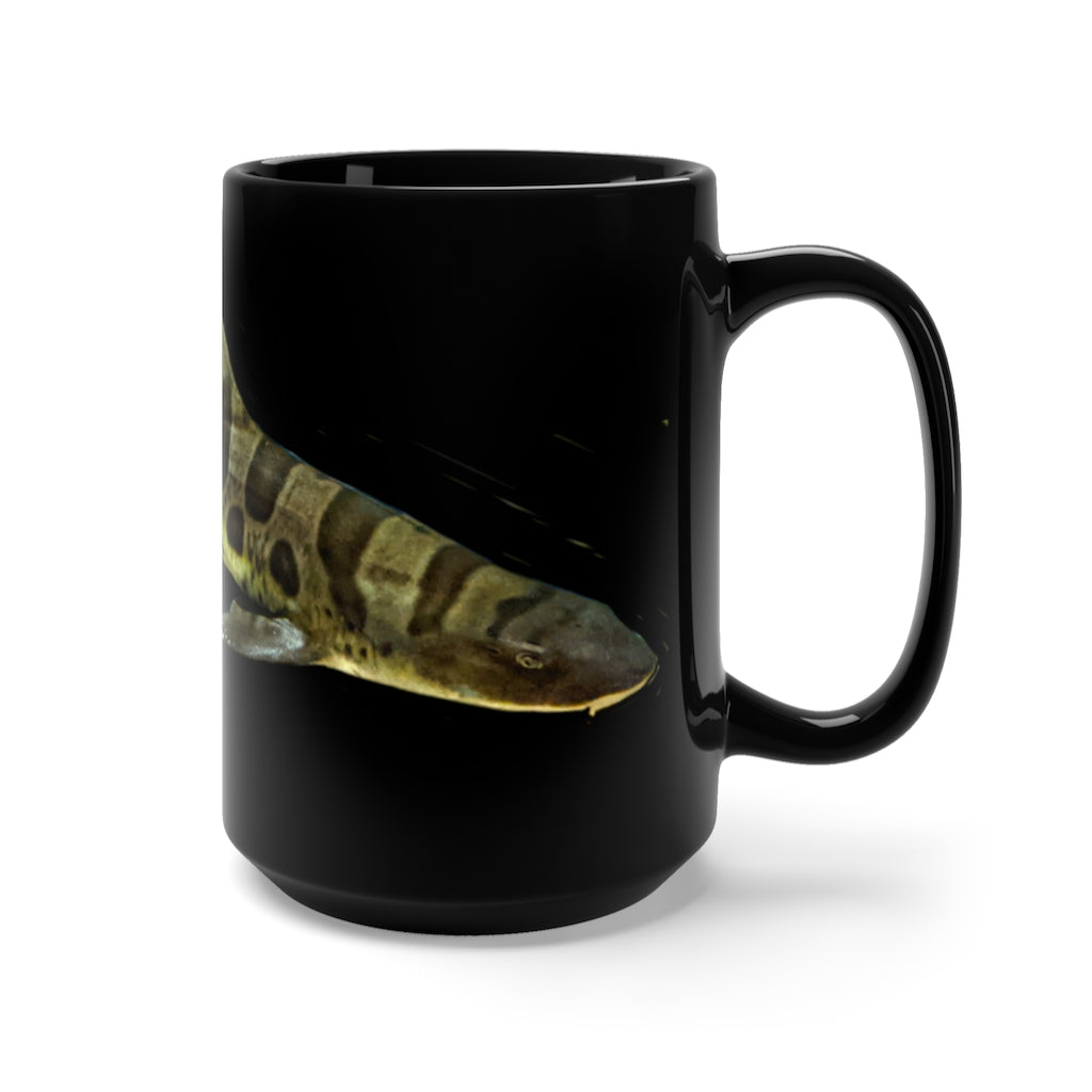 Shark Black Mug 15oz featuring a sleek black ceramic design with a comfortable C-handle, ideal for coffee and tea lovers.