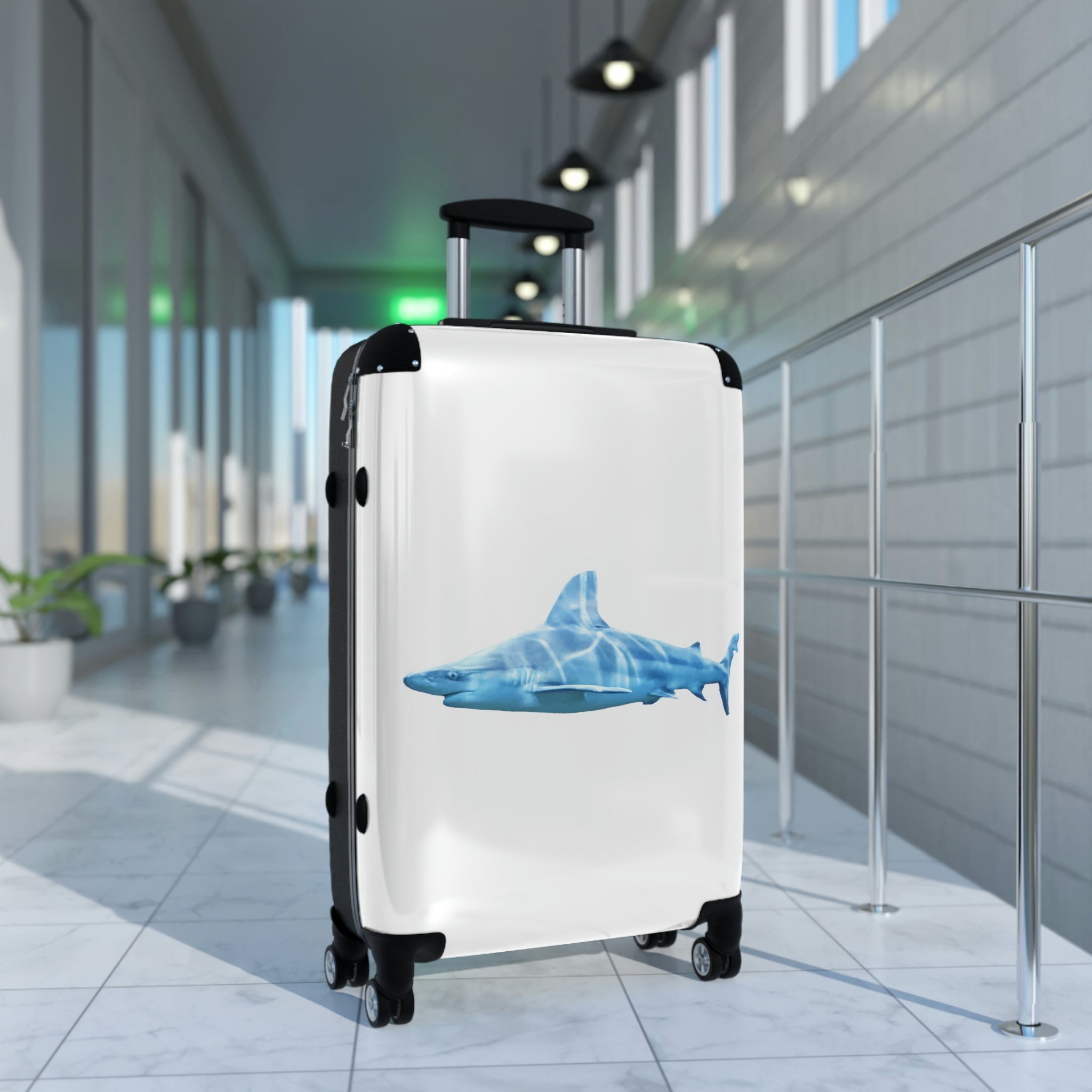 Shark Cabin Suitcase featuring a personalized design, lightweight polycarbonate front, and ABS back, with a telescopic handle and 360° swivel wheels.