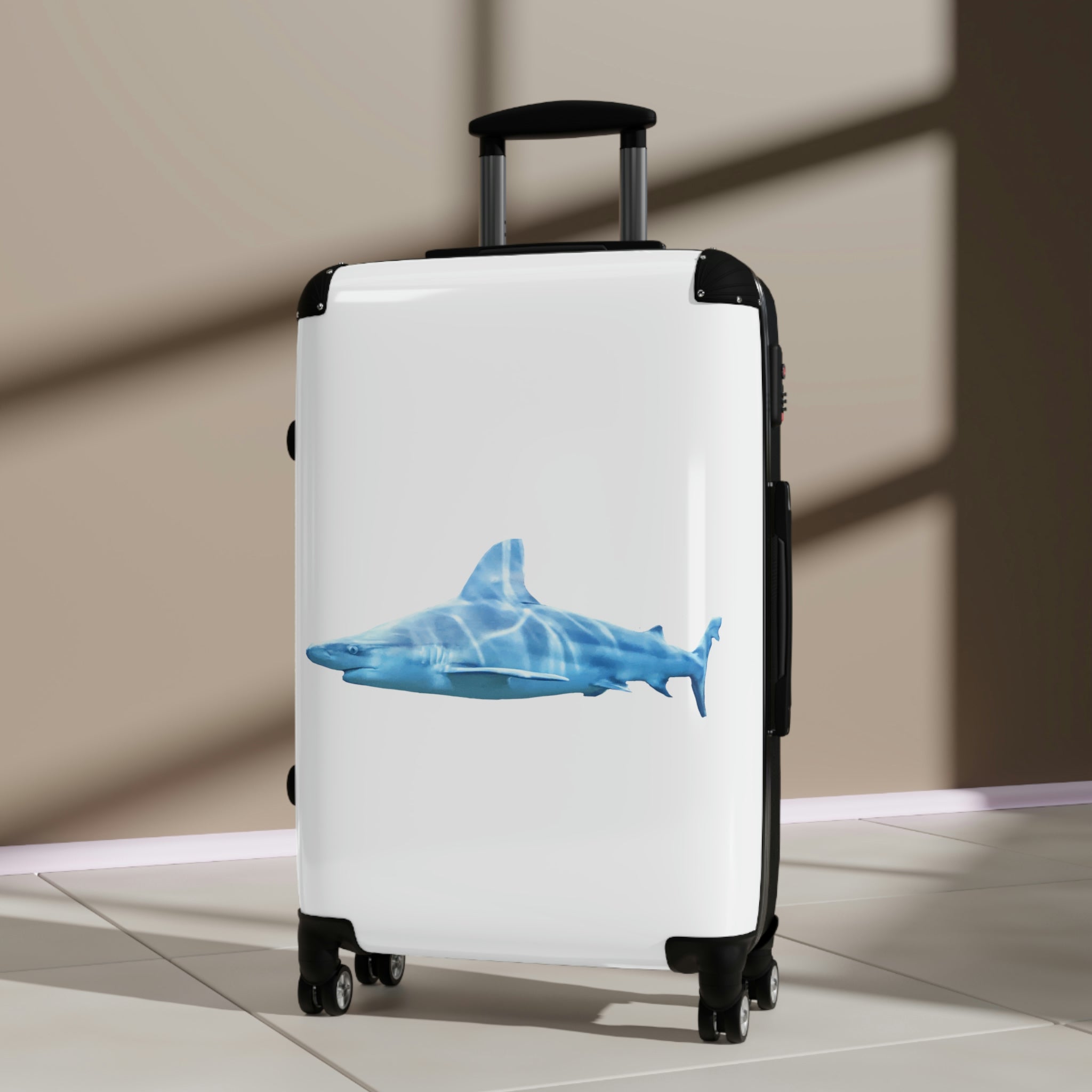 Shark Cabin Suitcase featuring a personalized design, lightweight polycarbonate front, and ABS back, with a telescopic handle and 360° swivel wheels.