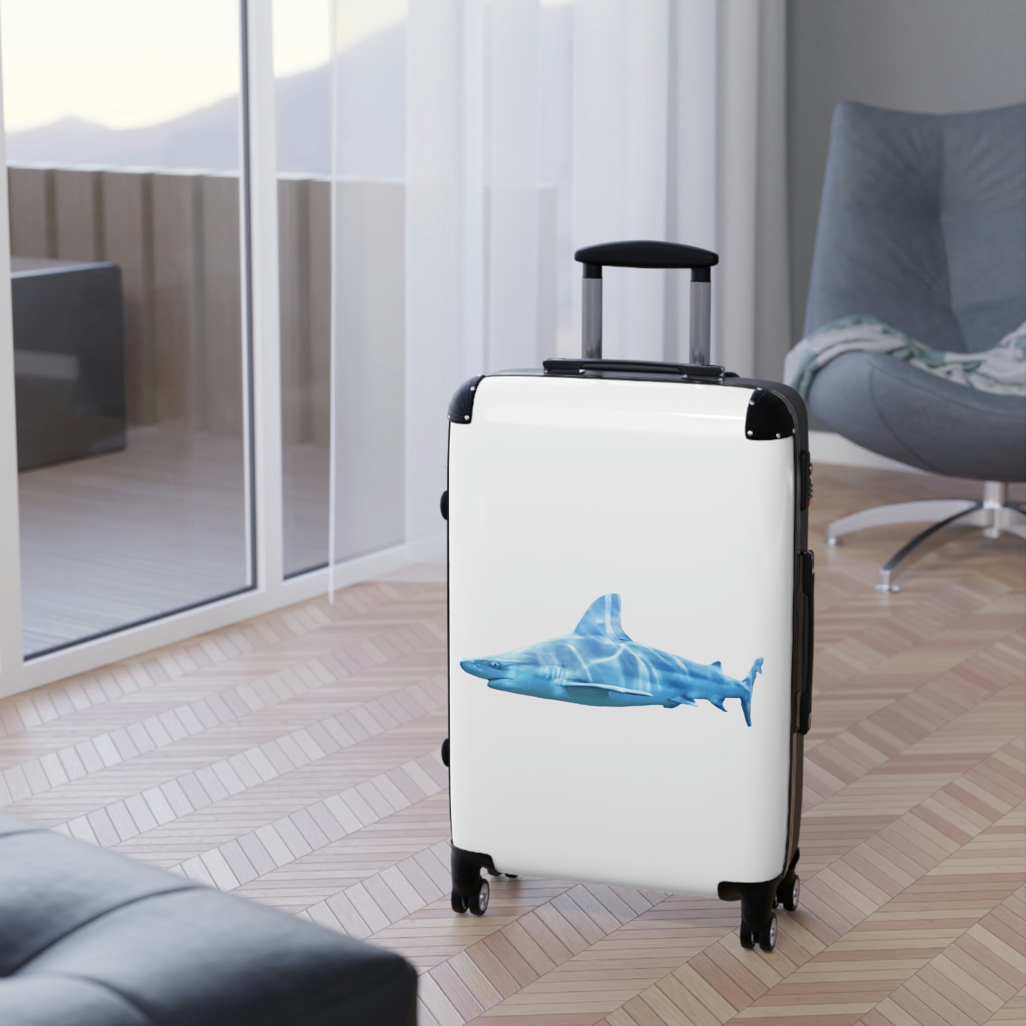 Shark Cabin Suitcase featuring a personalized design, lightweight polycarbonate front, and ABS back, with a telescopic handle and 360° swivel wheels.