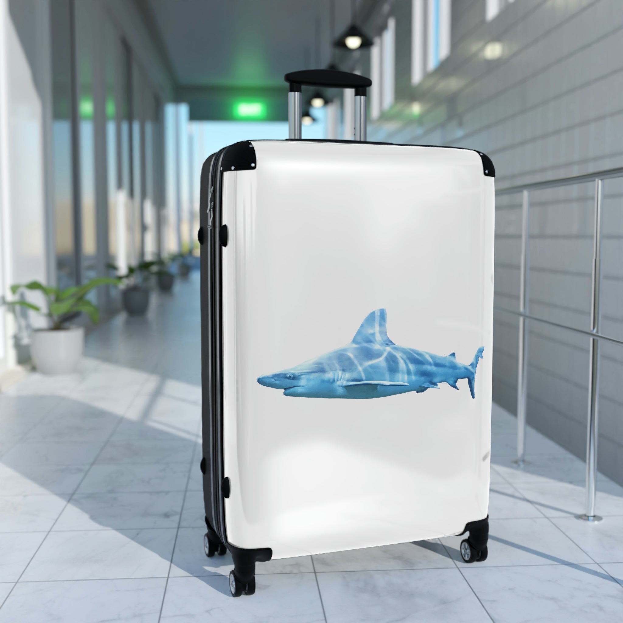 Shark Cabin Suitcase featuring a personalized design, lightweight polycarbonate front, and ABS back, with a telescopic handle and 360° swivel wheels.