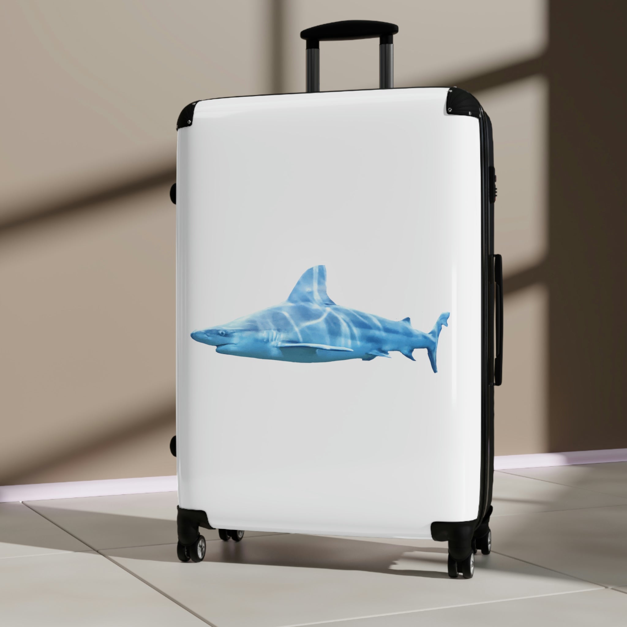 Shark Cabin Suitcase featuring a personalized design, lightweight polycarbonate front, and ABS back, with a telescopic handle and 360° swivel wheels.