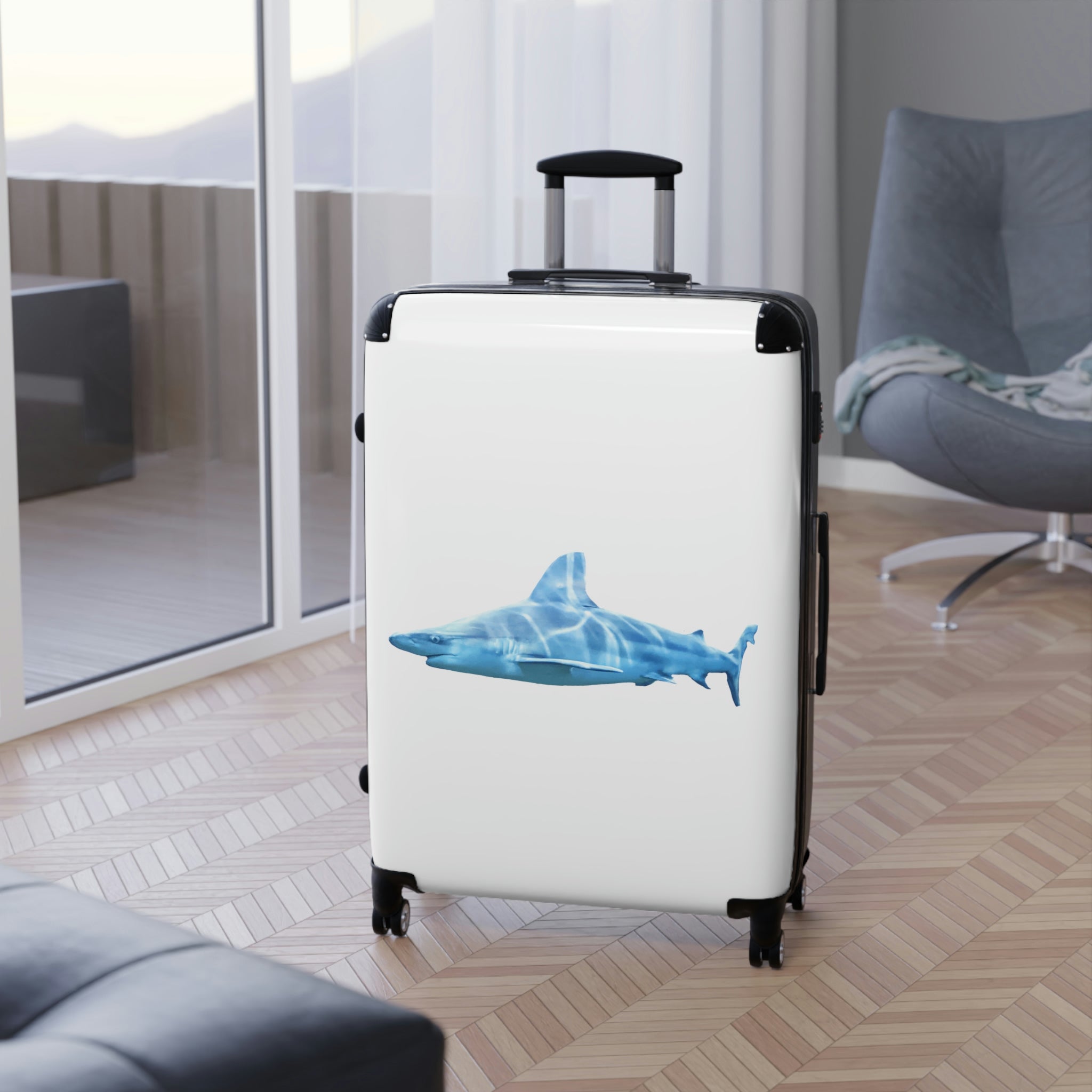 Shark Cabin Suitcase featuring a personalized design, lightweight polycarbonate front, and ABS back, with a telescopic handle and 360° swivel wheels.