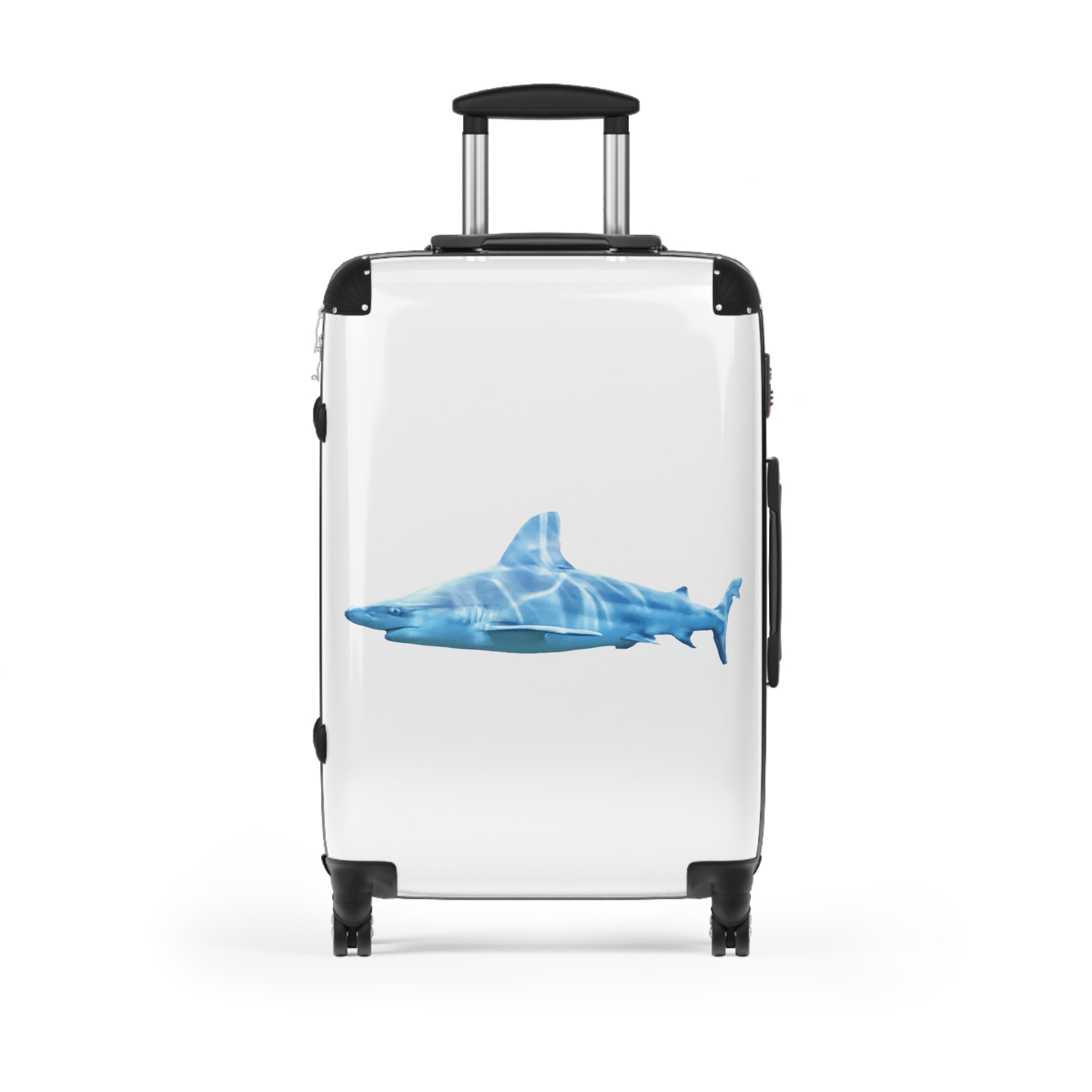 Shark Cabin Suitcase featuring a personalized design, lightweight polycarbonate front, and ABS back, with a telescopic handle and 360° swivel wheels.