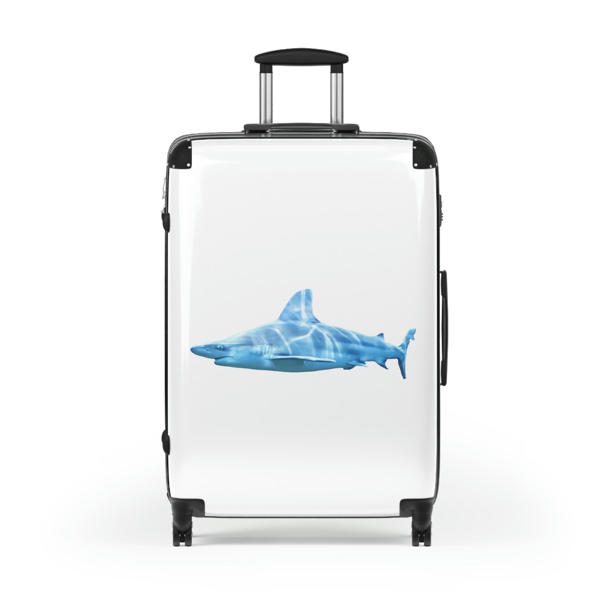 Shark Cabin Suitcase featuring a personalized design, lightweight polycarbonate front, and ABS back, with a telescopic handle and 360° swivel wheels.