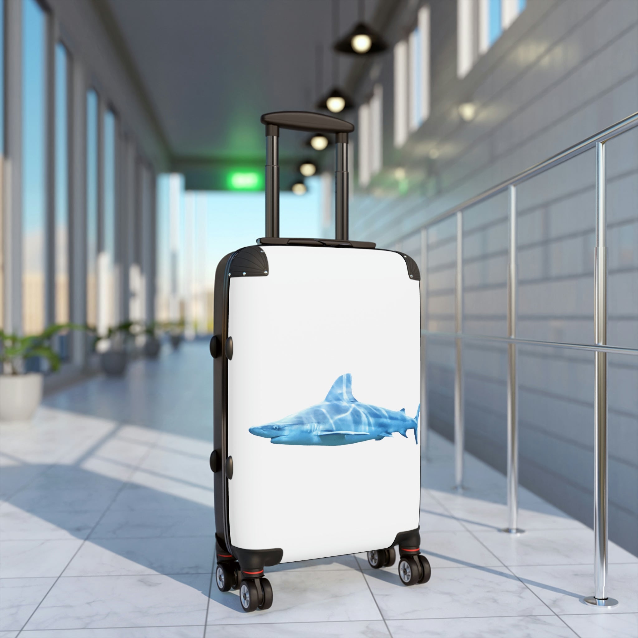 Shark Cabin Suitcase featuring a personalized design, lightweight polycarbonate front, and ABS back, with a telescopic handle and 360° swivel wheels.