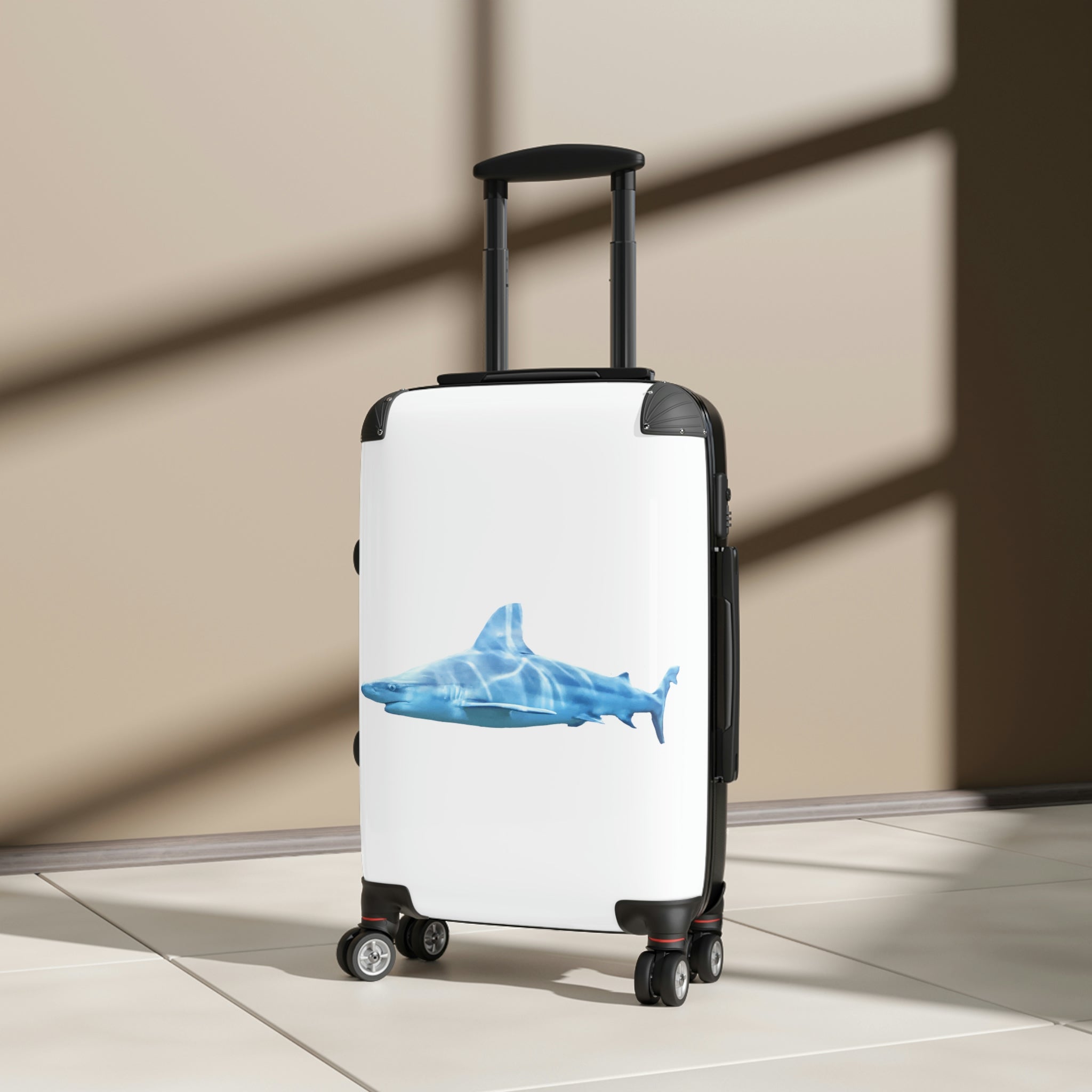 Shark Cabin Suitcase featuring a personalized design, lightweight polycarbonate front, and ABS back, with a telescopic handle and 360° swivel wheels.