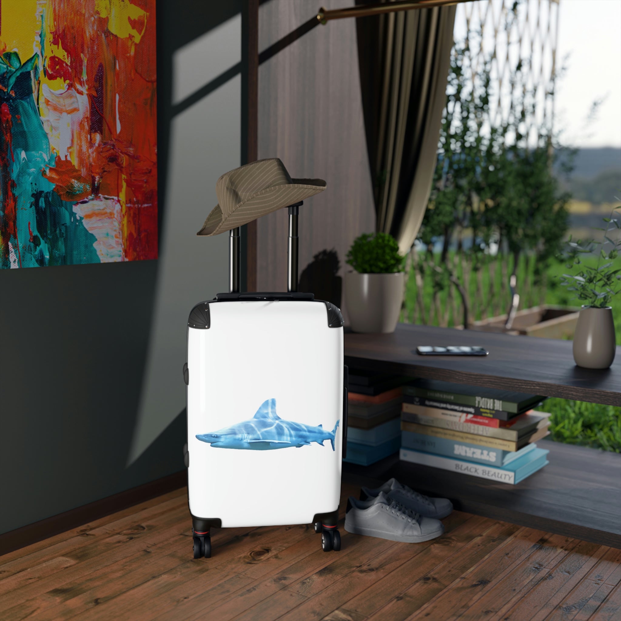 Shark Cabin Suitcase featuring a personalized design, lightweight polycarbonate front, and ABS back, with a telescopic handle and 360° swivel wheels.