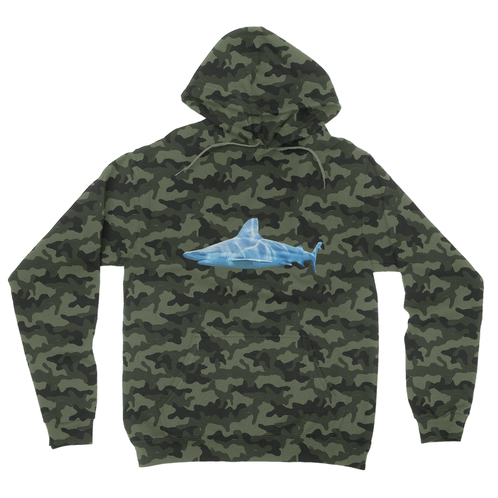 Shark Camouflage Adult Hoodie featuring an all-over camo design with a double fabric hood and kangaroo pouch pocket.