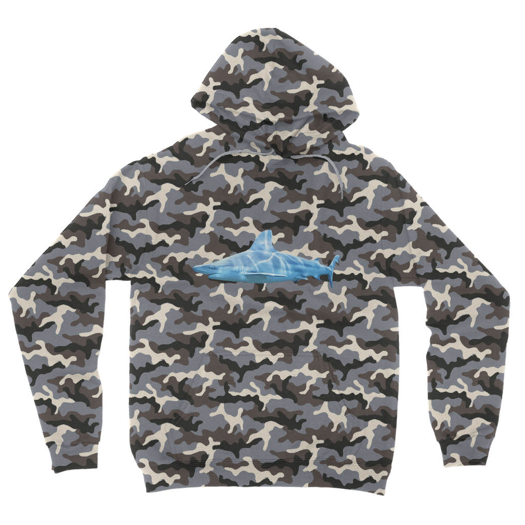 Shark Camouflage Adult Hoodie featuring an all-over camo design with a double fabric hood and kangaroo pouch pocket.