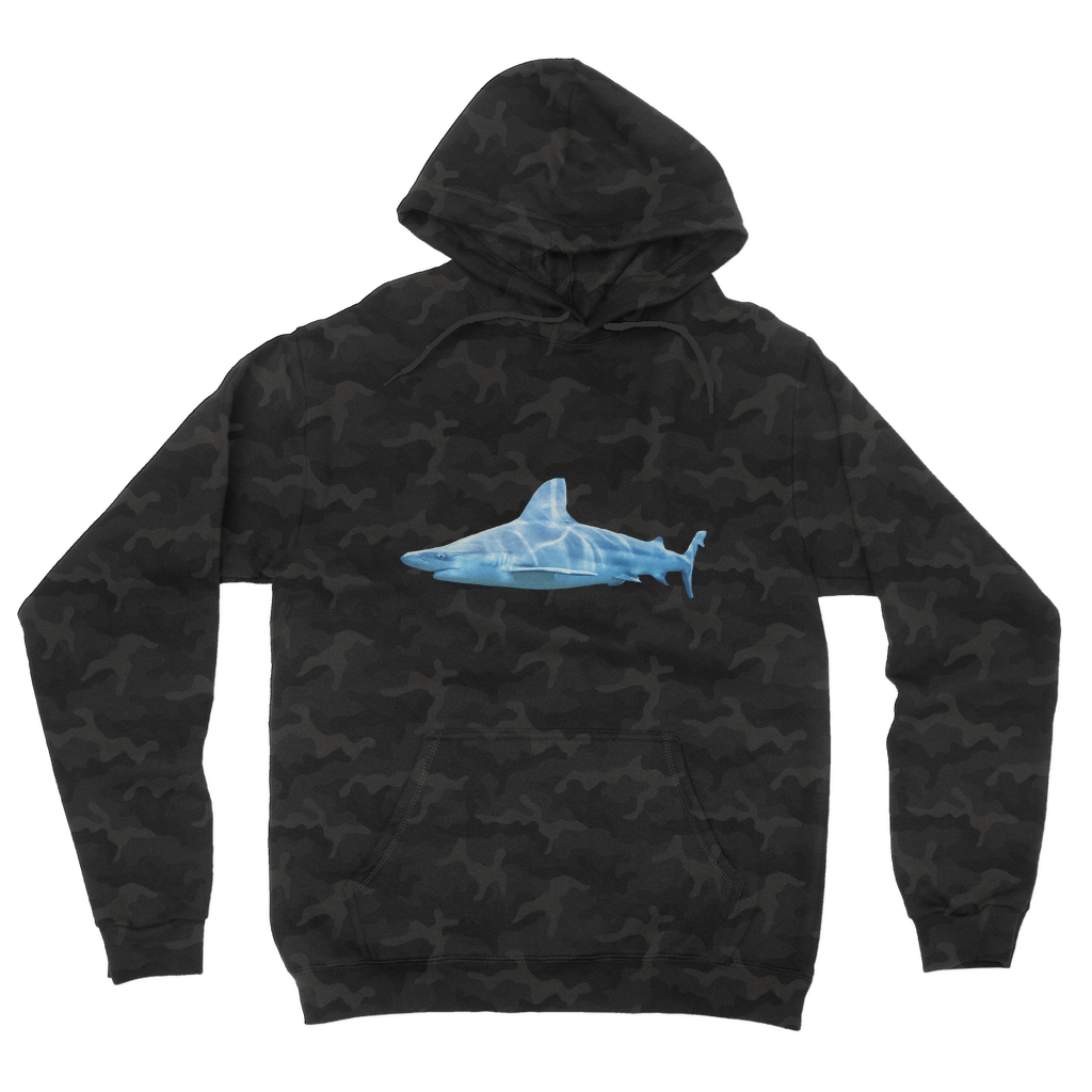 Shark Camouflage Adult Hoodie featuring an all-over camo design with a double fabric hood and kangaroo pouch pocket.